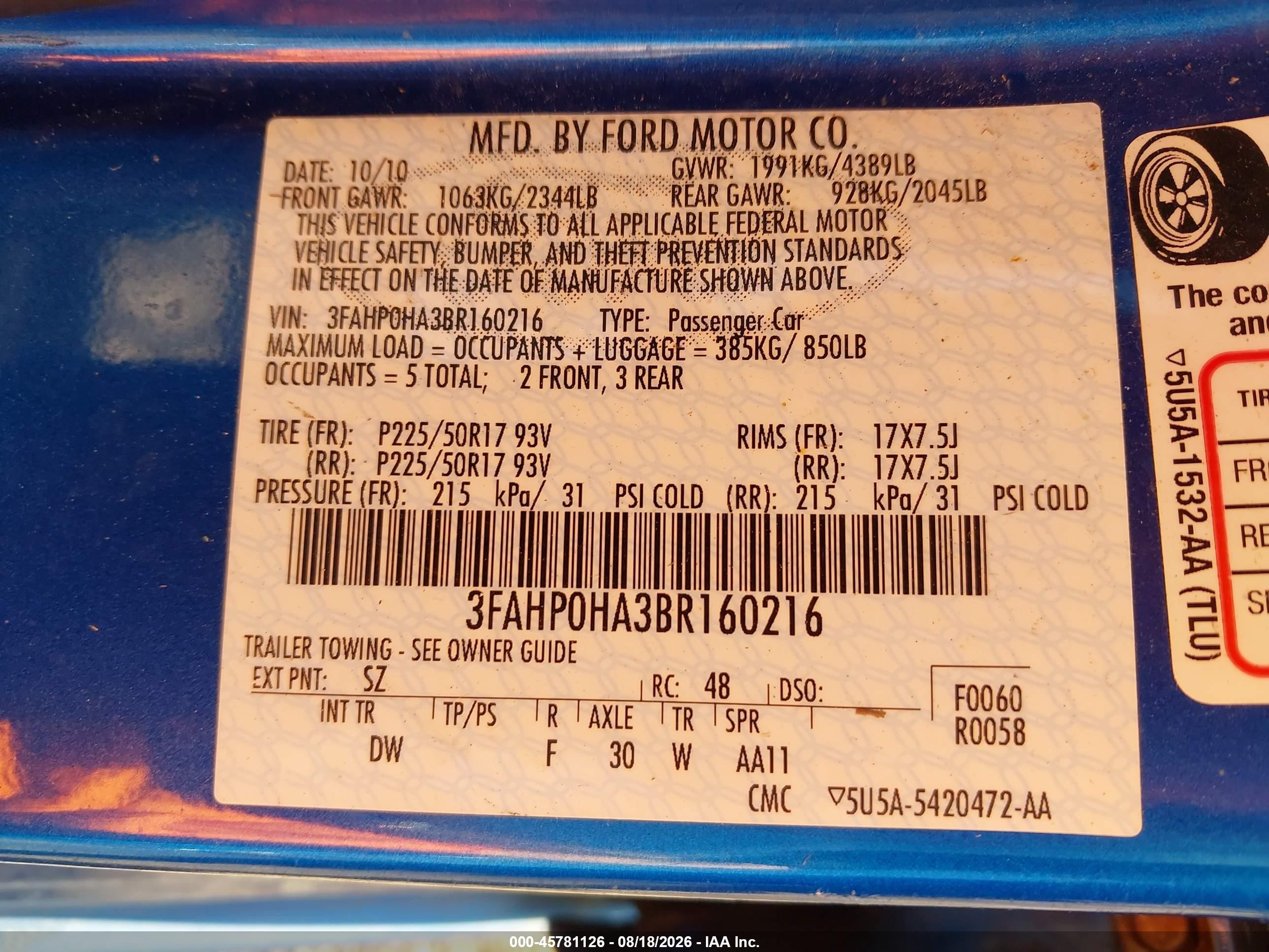 2011 Ford Fusion Se Blue vin: 3FAHP0HA3BR160216