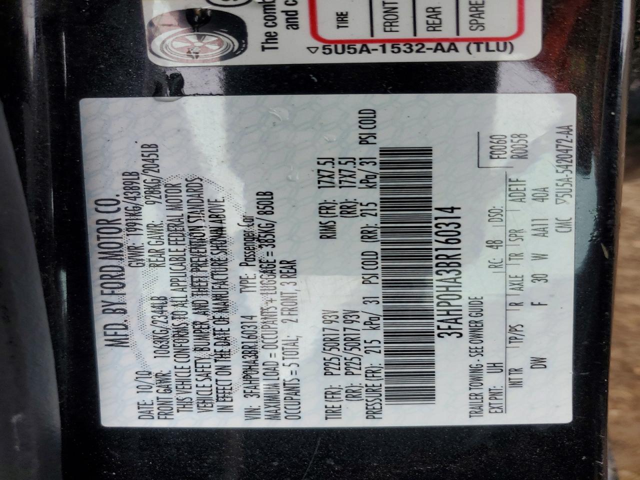 2011 Ford Fusion Se Black vin: 3FAHP0HA3BR160314