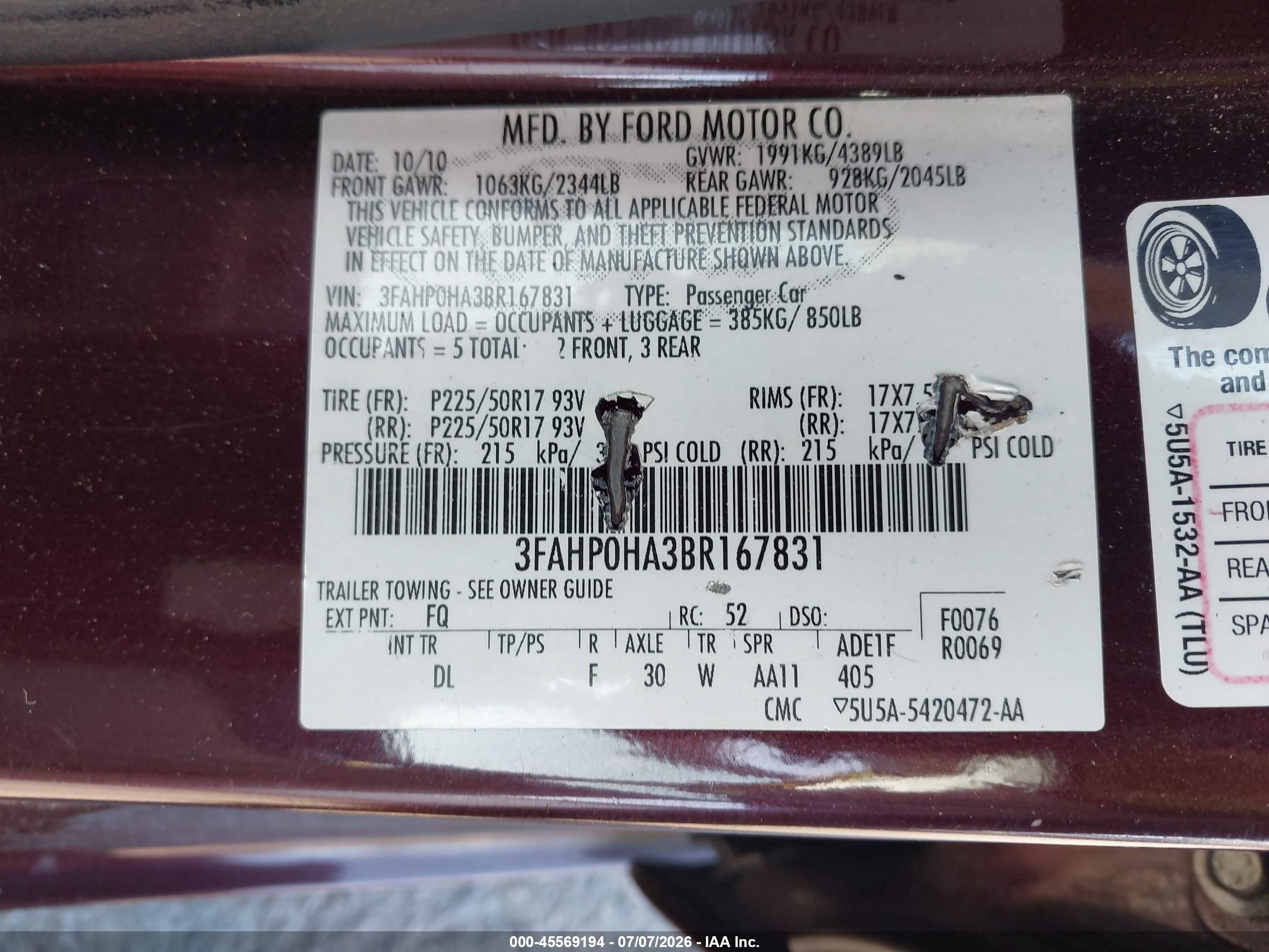 2011 Ford Fusion Se Бордовый vin: 3FAHP0HA3BR167831