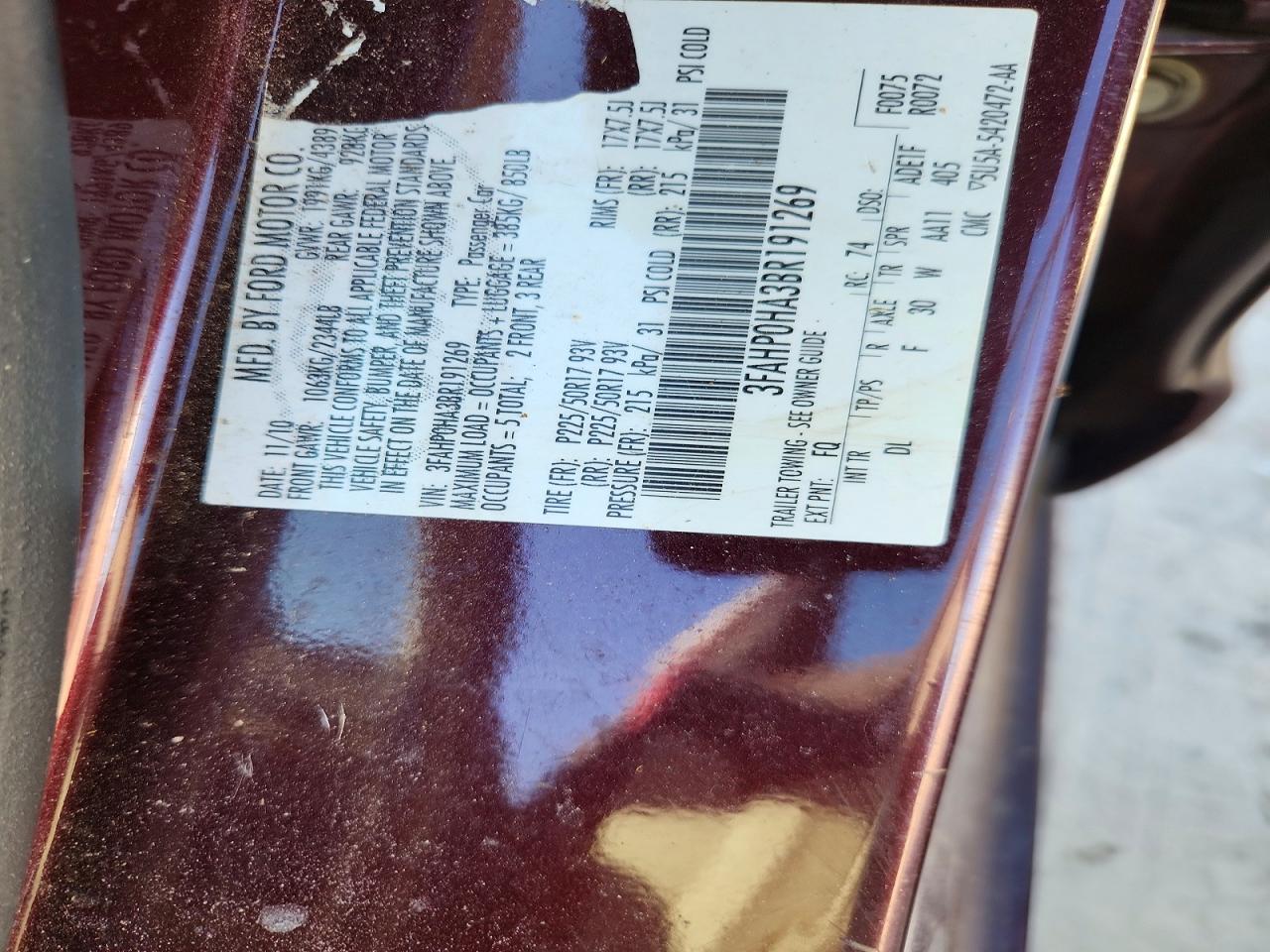 2011 Ford Fusion Se Maroon vin: 3FAHP0HA3BR191269
