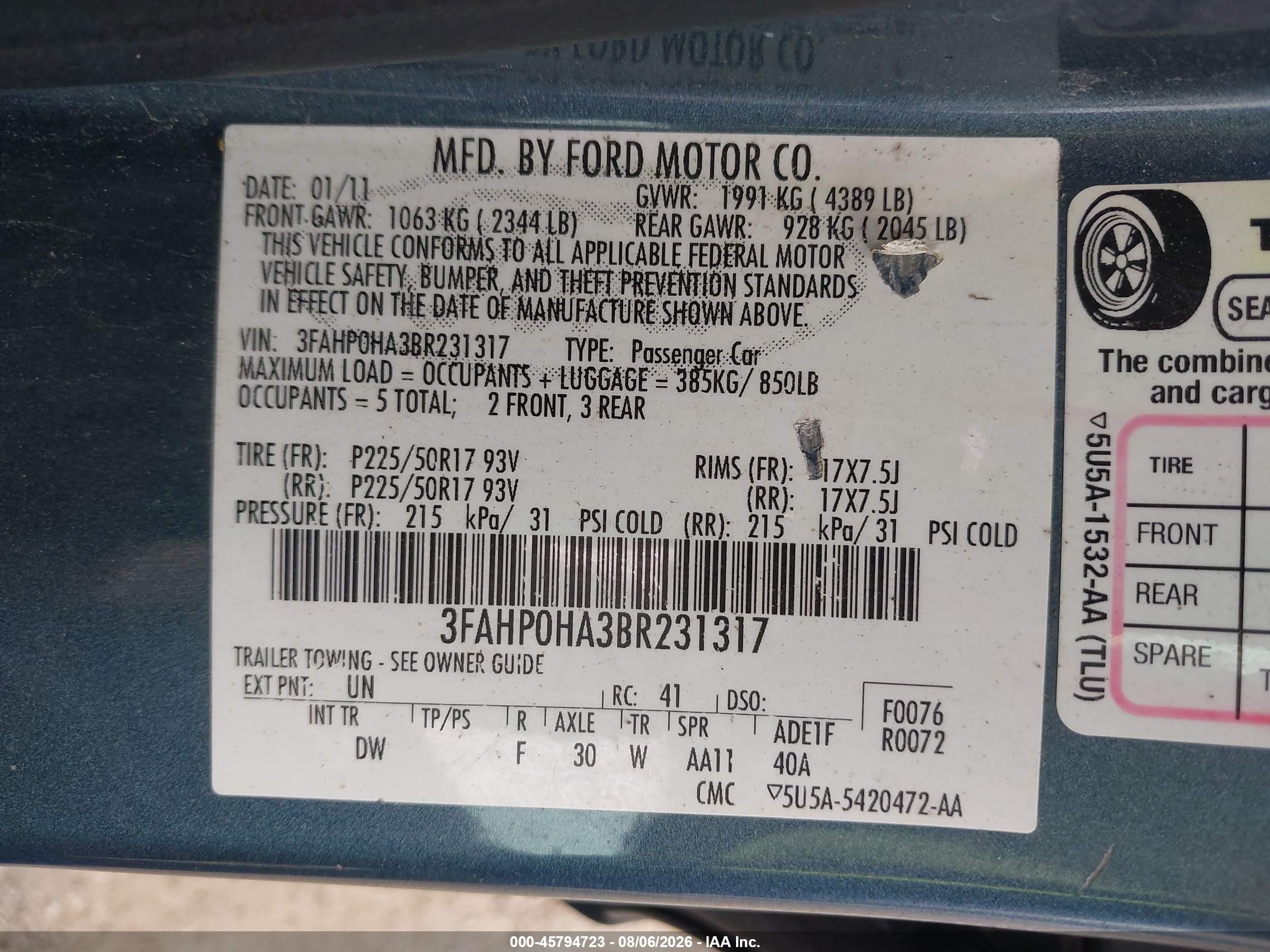 2011 Ford Fusion Se Light Blue vin: 3FAHP0HA3BR231317
