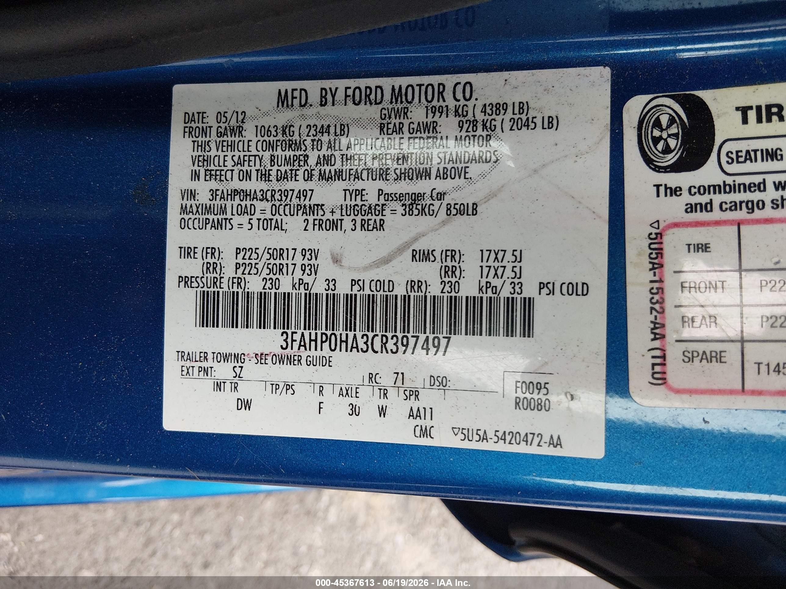 2012 Ford Fusion Se Blue vin: 3FAHP0HA3CR397497