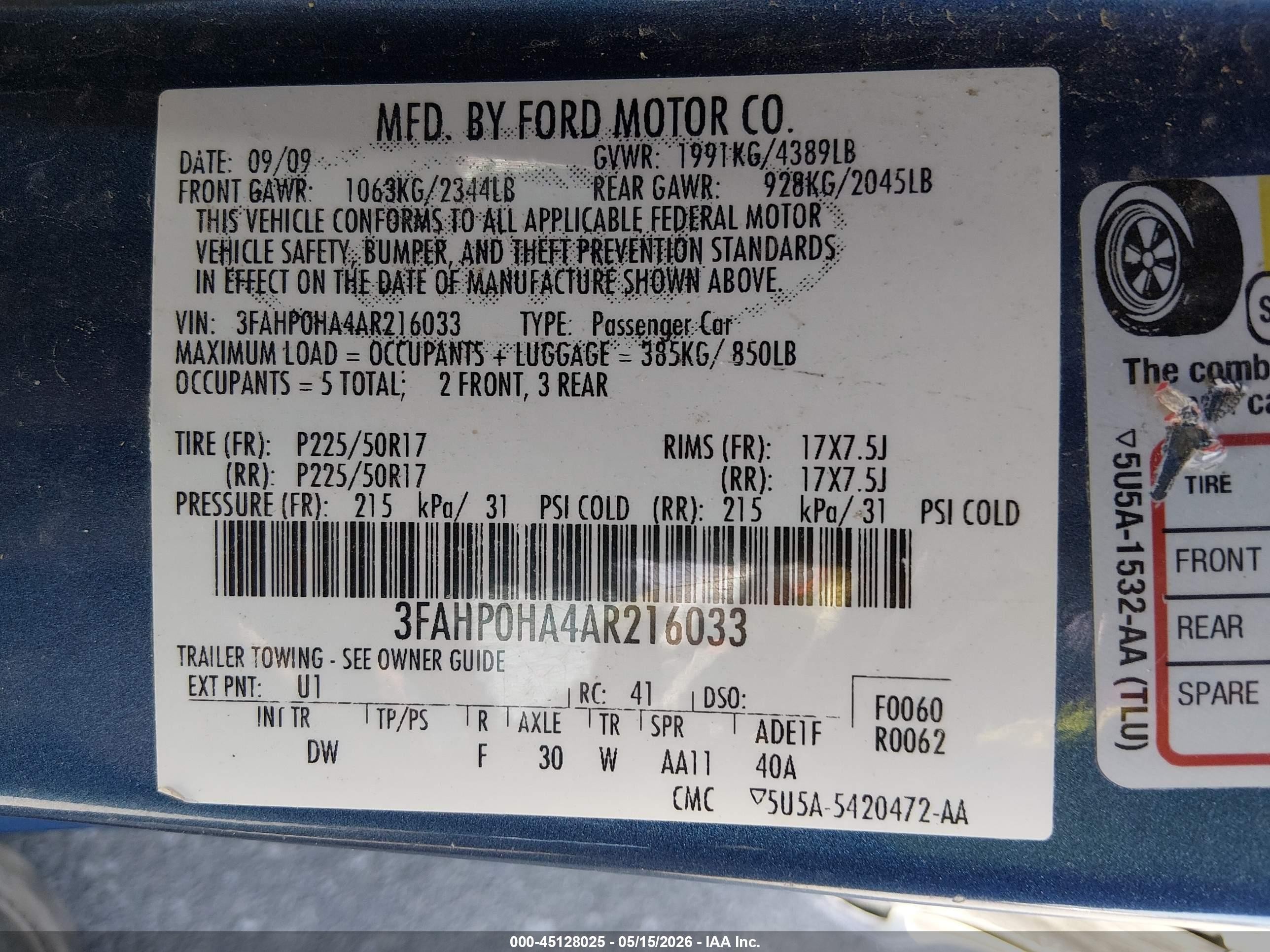 2010 Ford Fusion Se Blue vin: 3FAHP0HA4AR216033