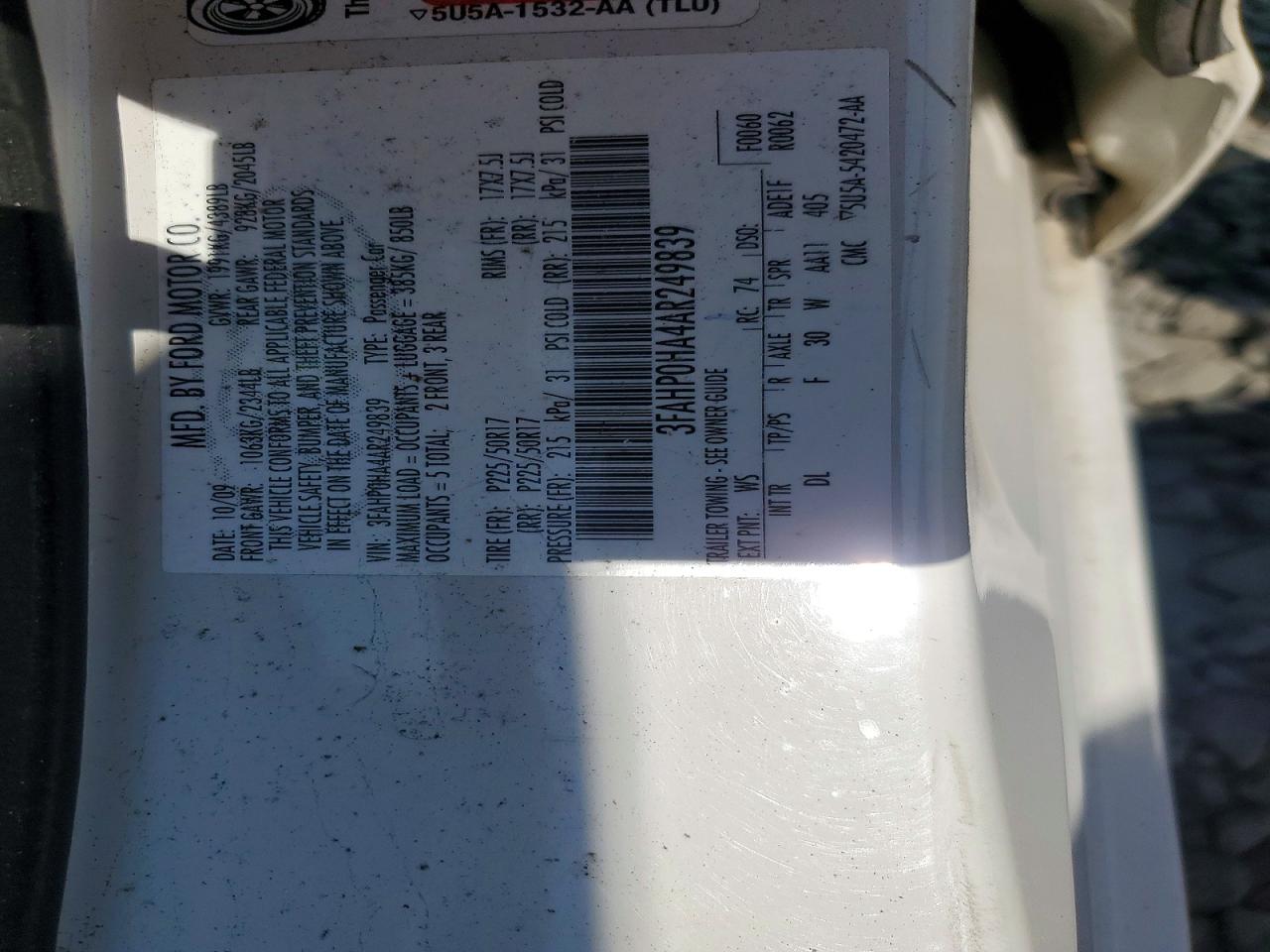 2010 Ford Fusion Se White vin: 3FAHP0HA4AR249839