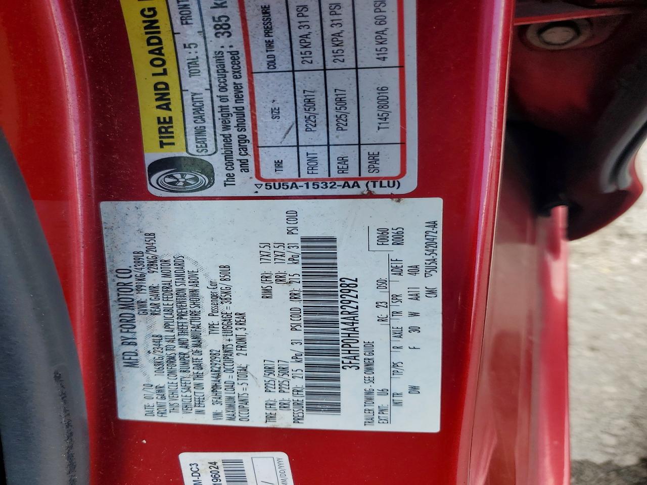 2010 Ford Fusion Se Красный vin: 3FAHP0HA4AR292982