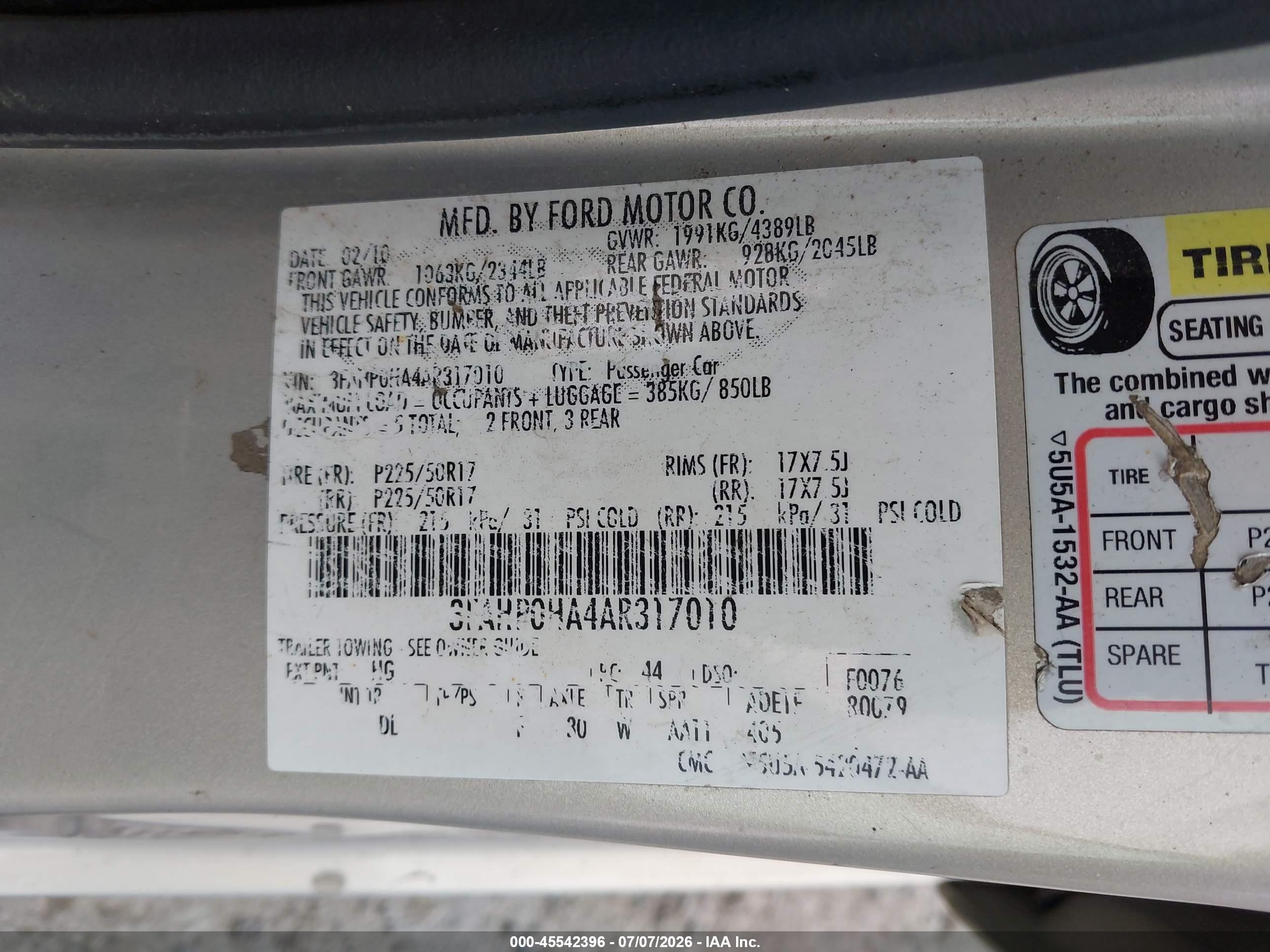 2010 Ford Fusion Se Tan vin: 3FAHP0HA4AR317010