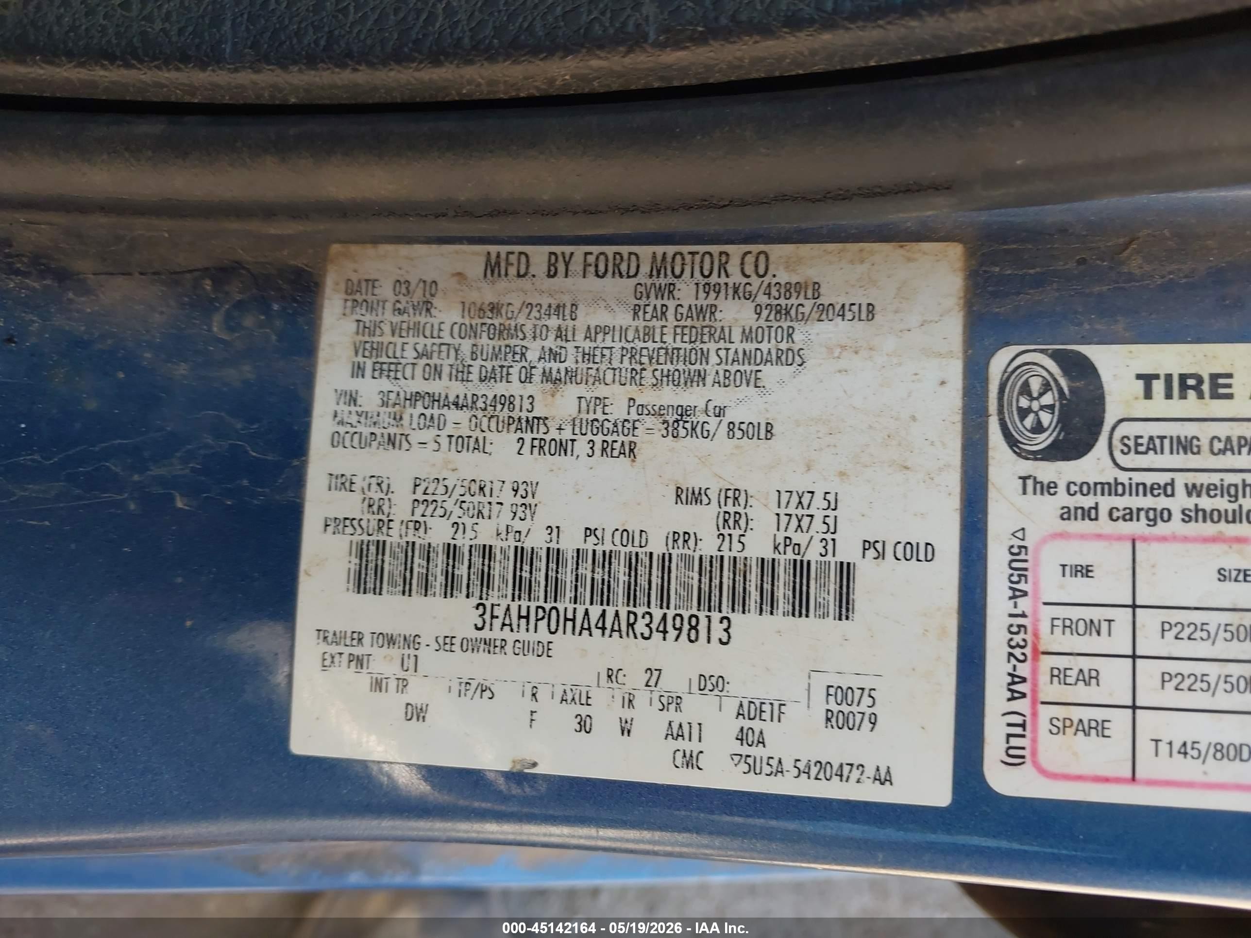 2010 Ford Fusion Se Blue vin: 3FAHP0HA4AR349813