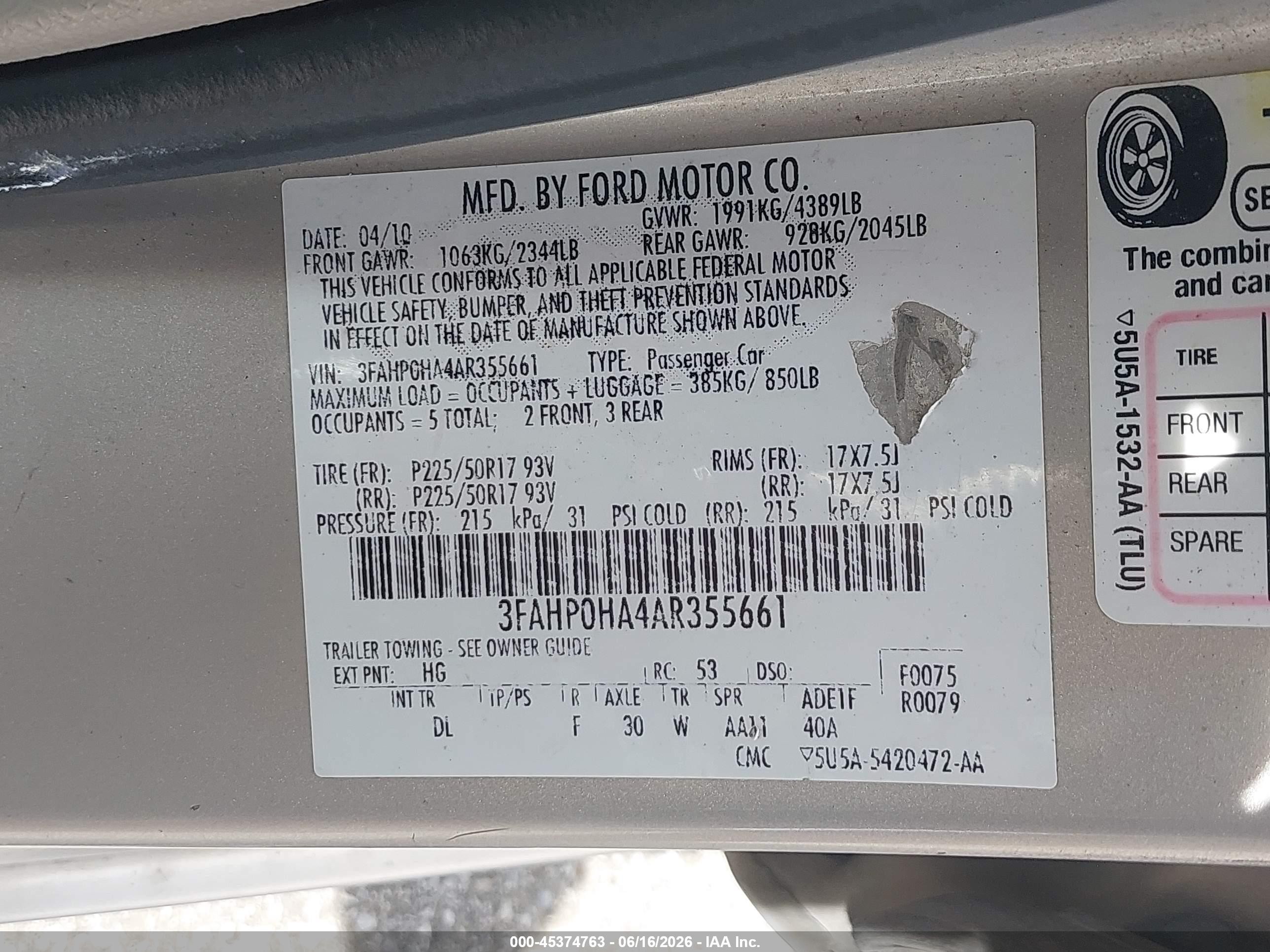 2010 Ford Fusion Se Gold vin: 3FAHP0HA4AR355661