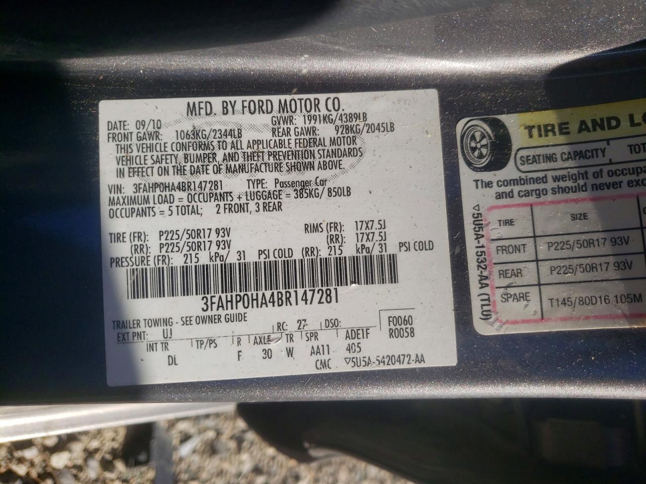 2011 Ford Fusion Se Gray vin: 3FAHP0HA4BR147281