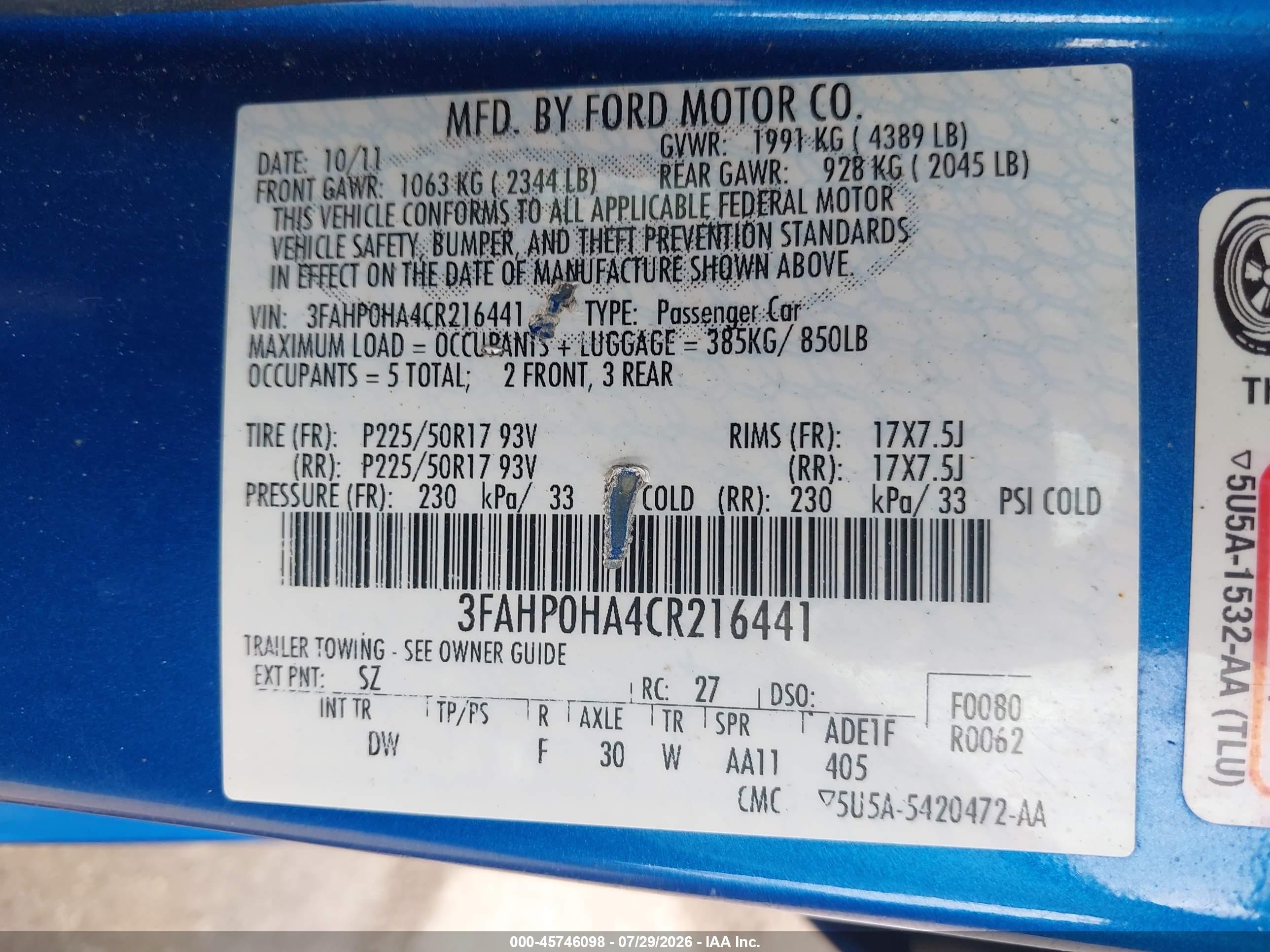 2012 Ford Fusion Se Blue vin: 3FAHP0HA4CR216441