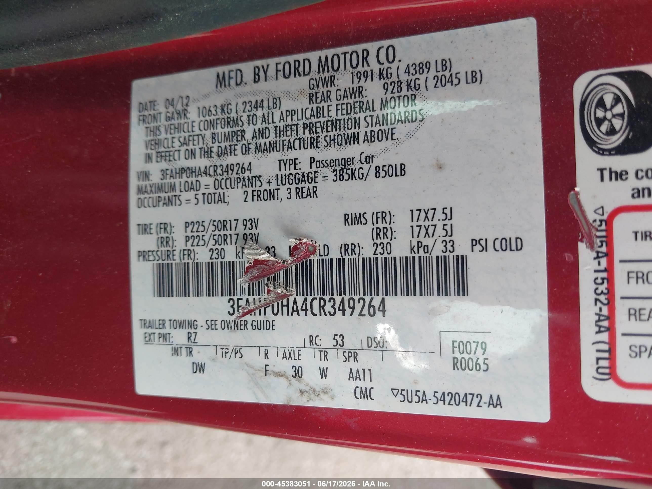 2012 Ford Fusion Se Red vin: 3FAHP0HA4CR349264