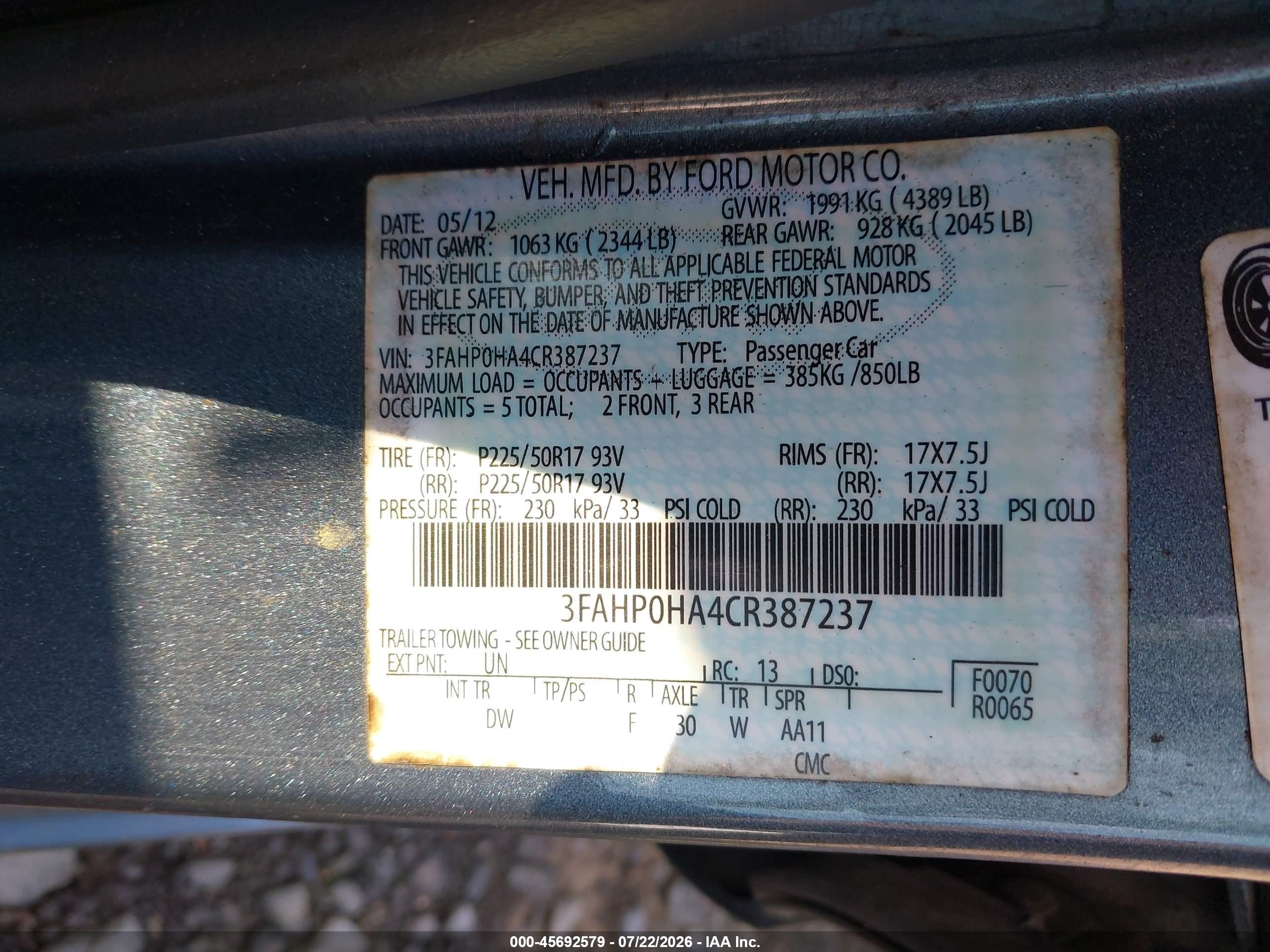 2012 Ford Fusion Se Blue vin: 3FAHP0HA4CR387237
