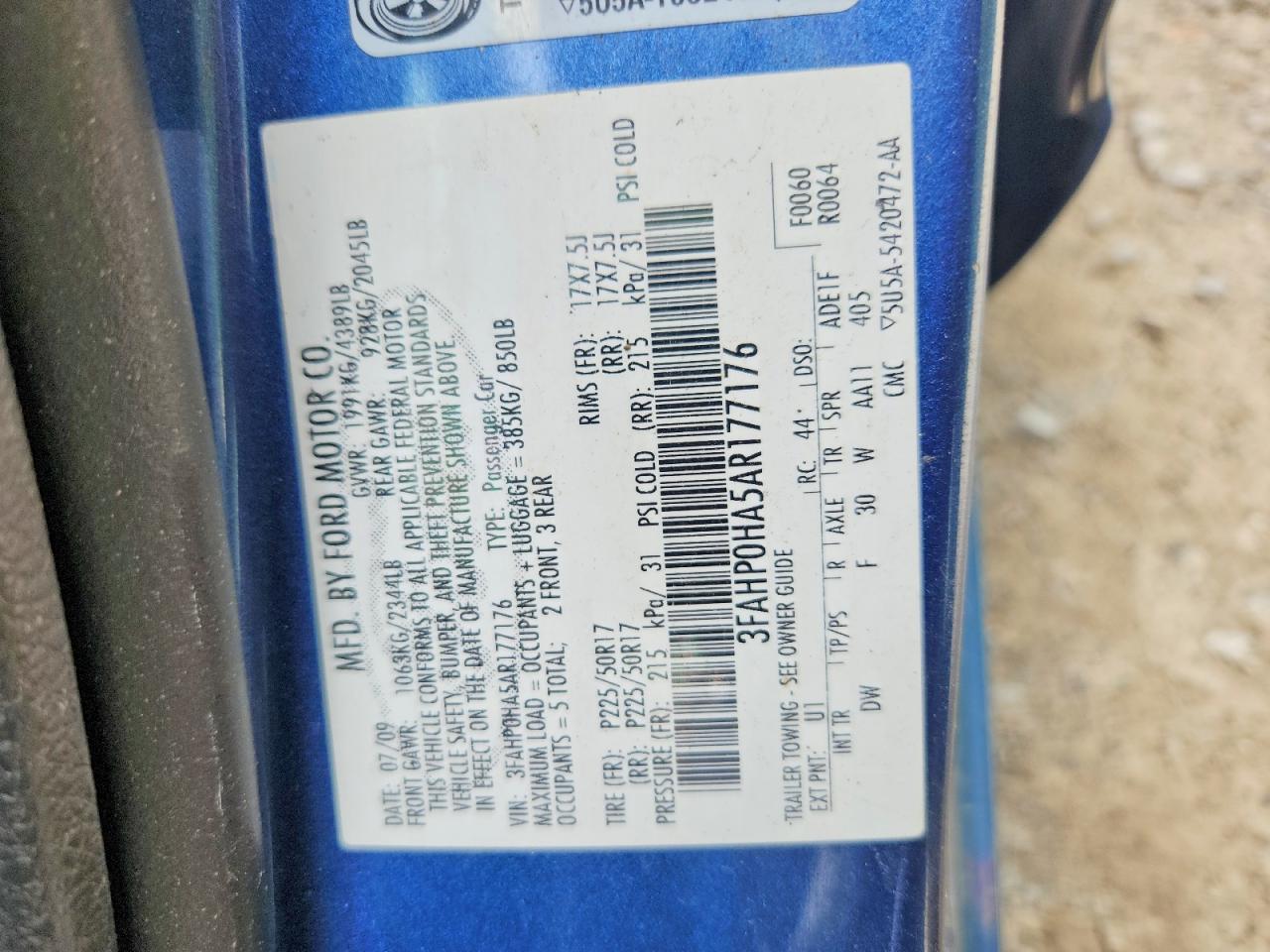 2010 Ford Fusion Se Blue vin: 3FAHP0HA5AR177176