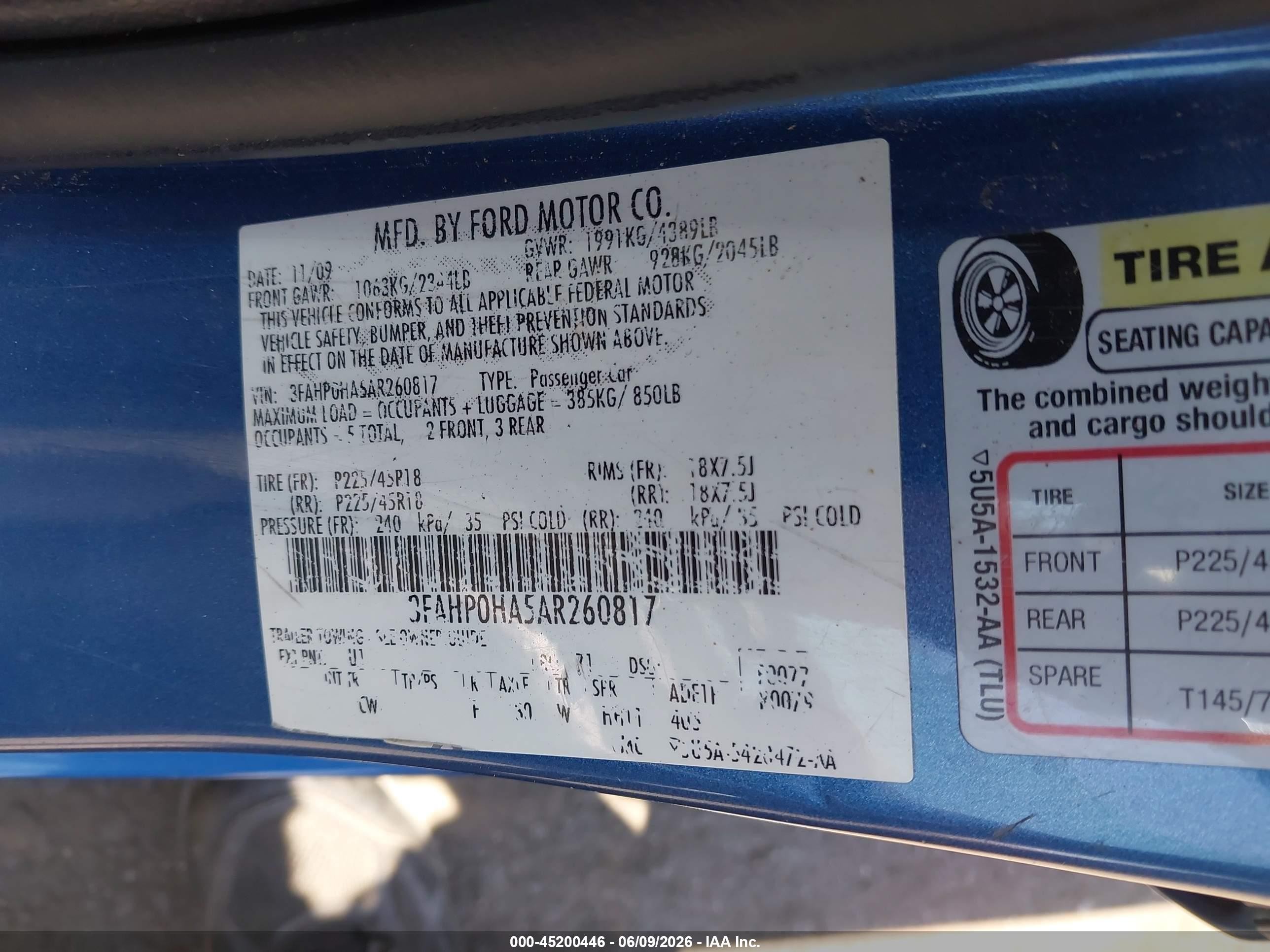 2010 Ford Fusion Se Blue vin: 3FAHP0HA5AR260817
