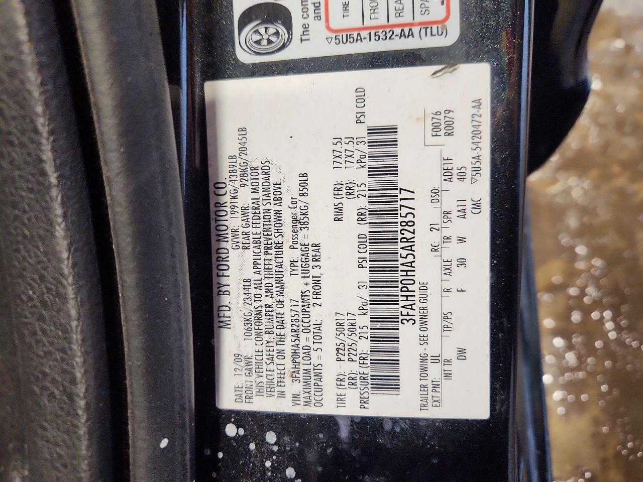 2010 Ford Fusion Se Black vin: 3FAHP0HA5AR285717