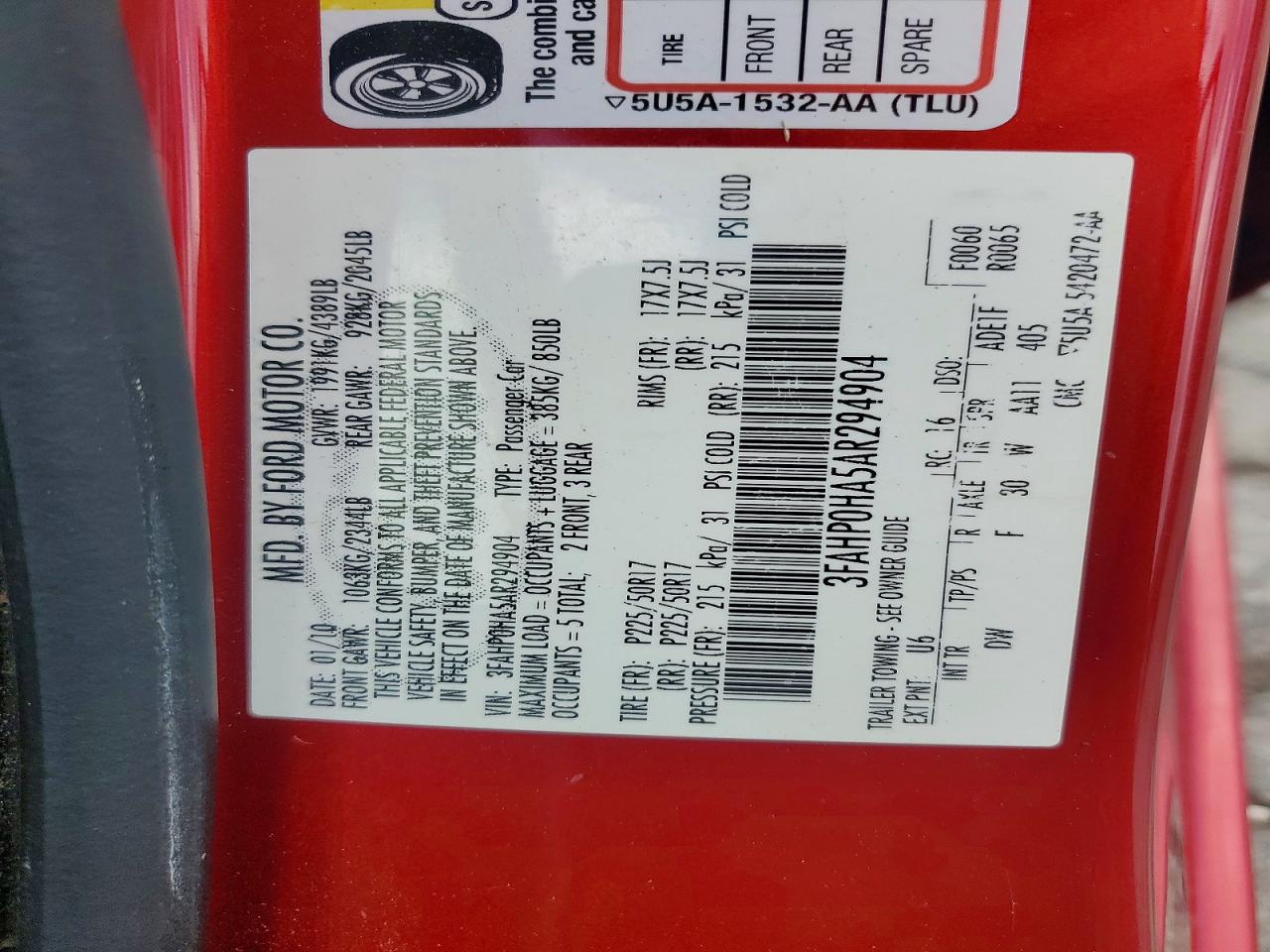 2010 Ford Fusion Se Red vin: 3FAHP0HA5AR294904