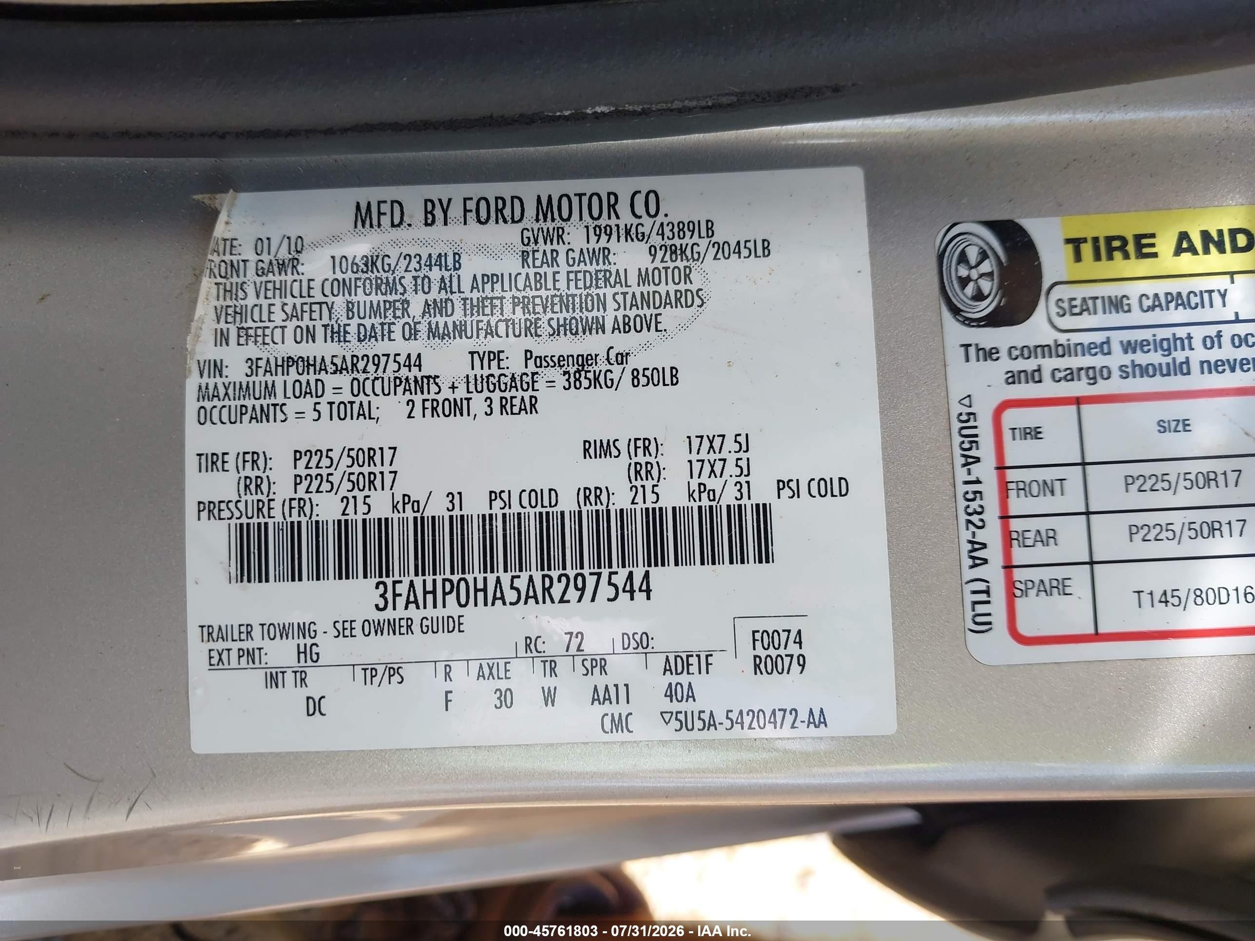 2010 Ford Fusion Se Gold vin: 3FAHP0HA5AR297544