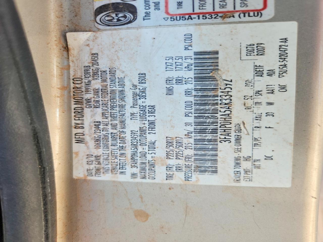 2010 Ford Fusion Se Tan vin: 3FAHP0HA5AR334592
