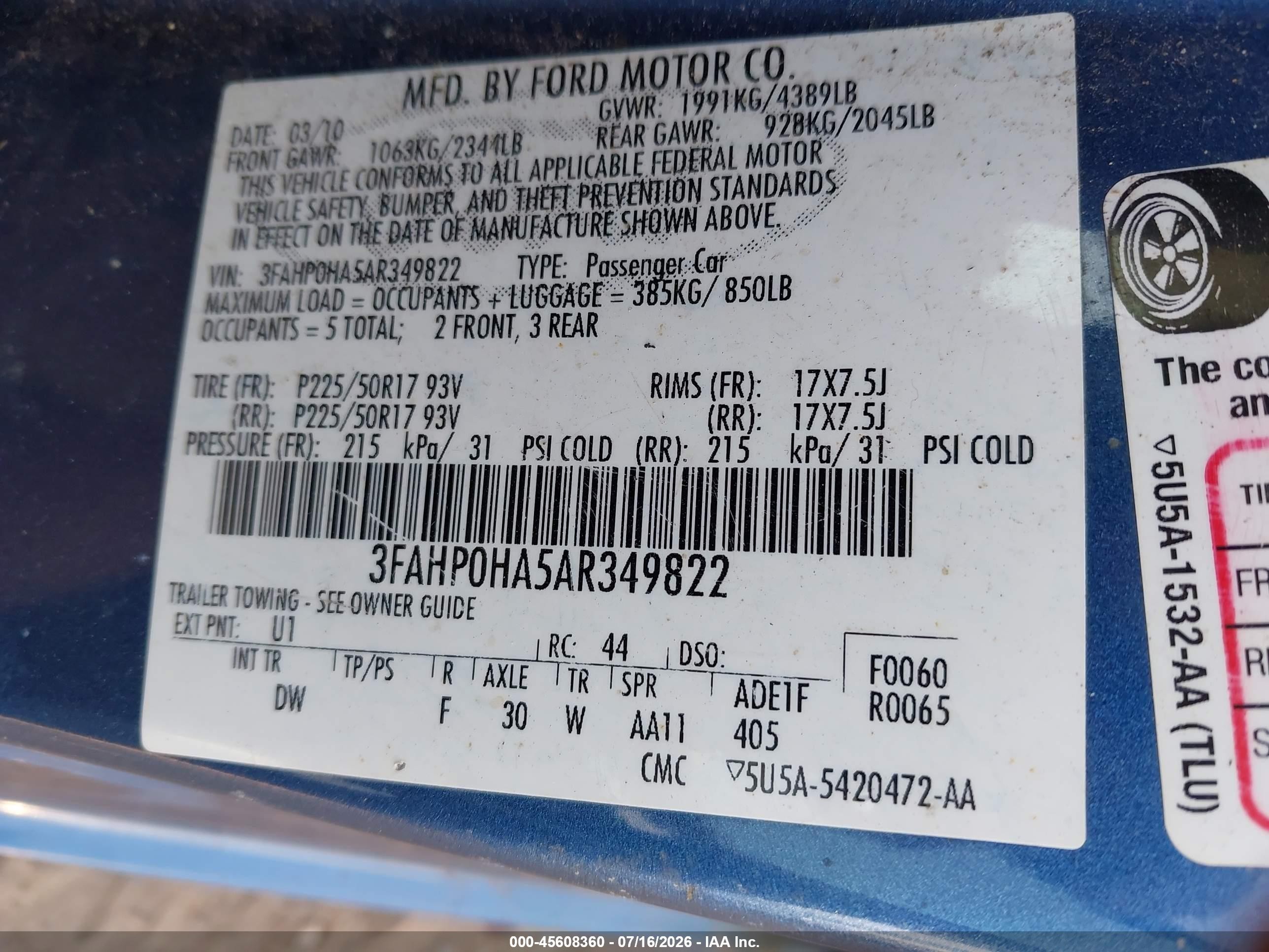2010 Ford Fusion Se Blue vin: 3FAHP0HA5AR349822
