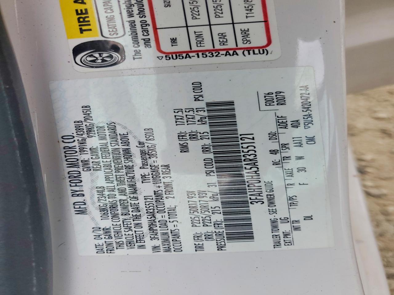 2010 Ford Fusion Se White vin: 3FAHP0HA5AR355121