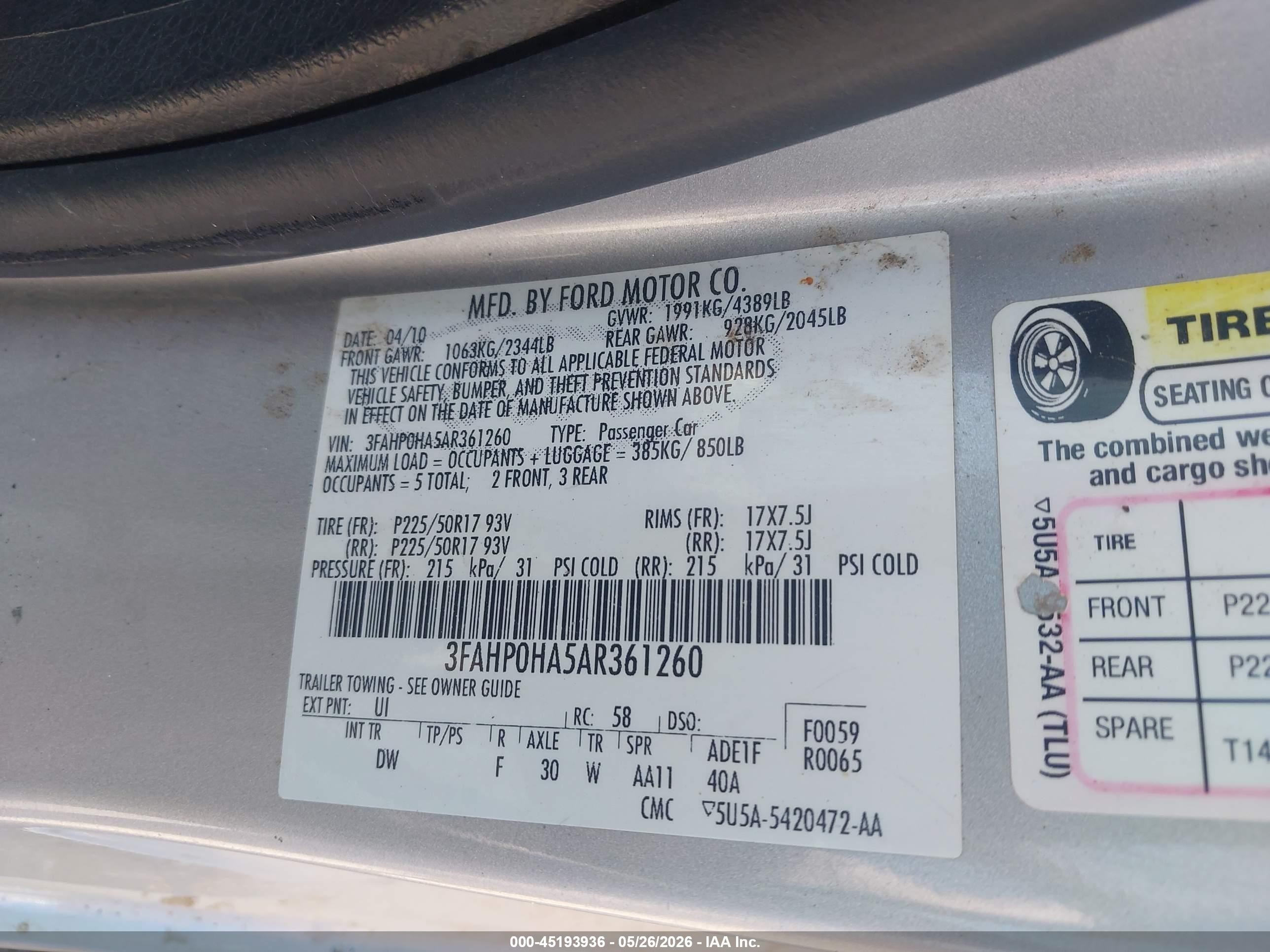 2010 Ford Fusion Se Silver vin: 3FAHP0HA5AR361260