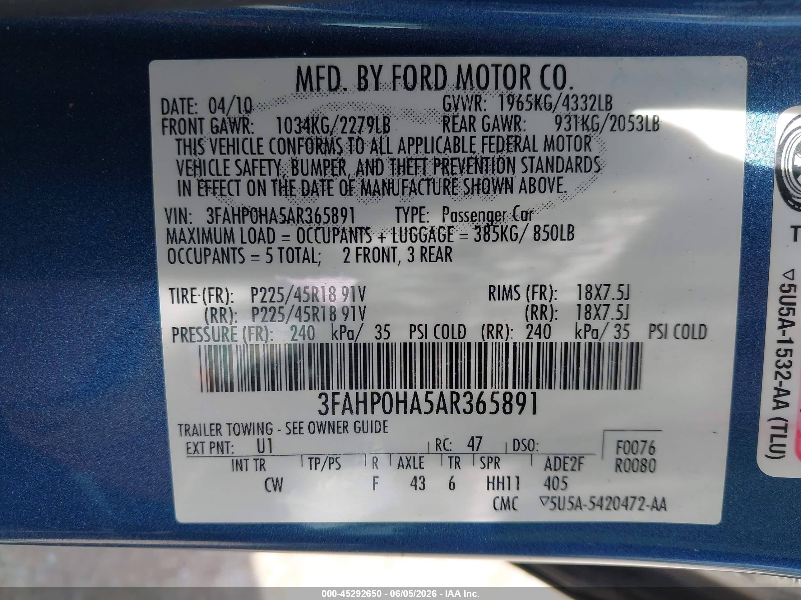 2010 Ford Fusion Se Blue vin: 3FAHP0HA5AR365891