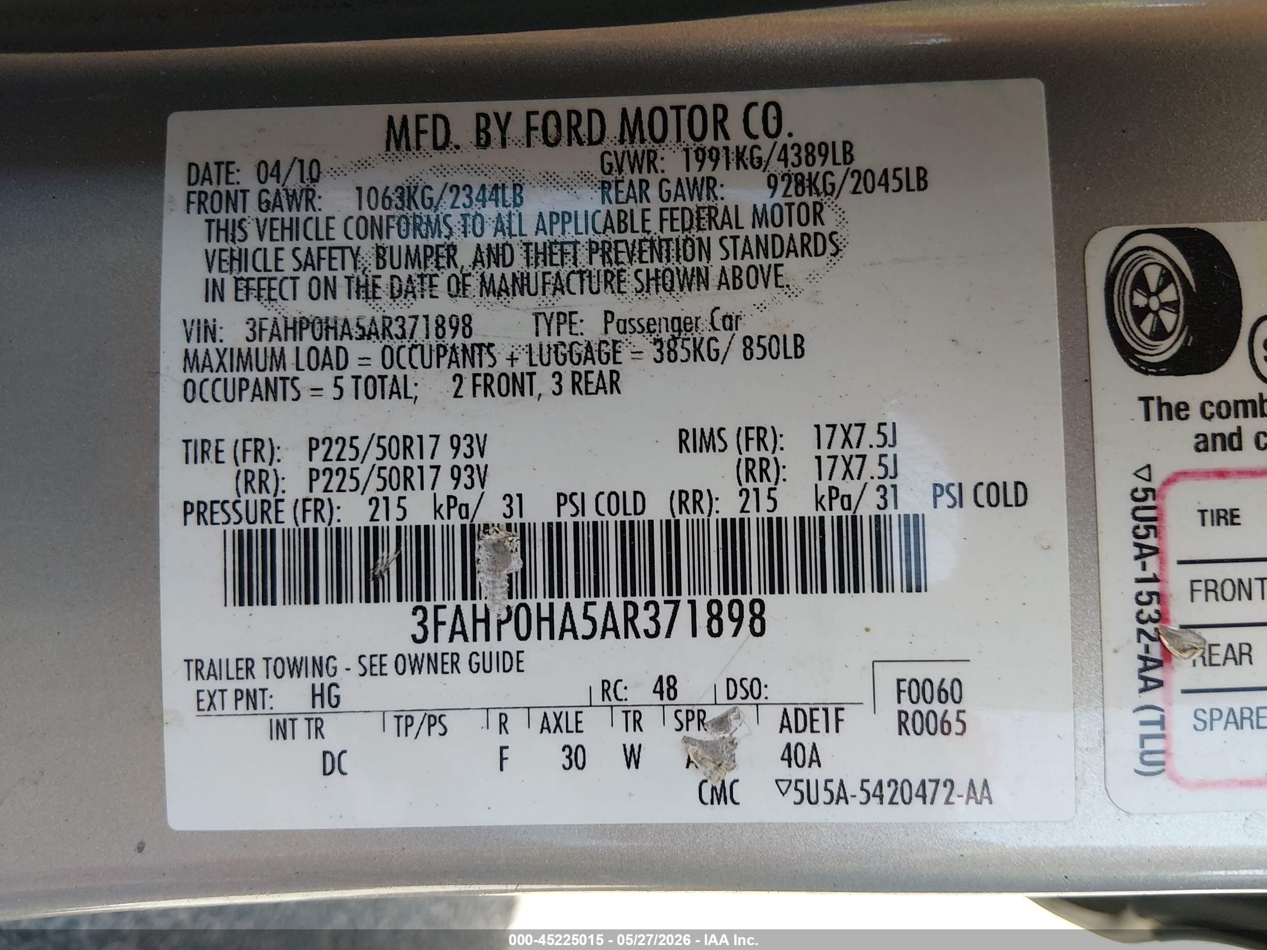 2010 Ford Fusion Se Beige vin: 3FAHP0HA5AR371898