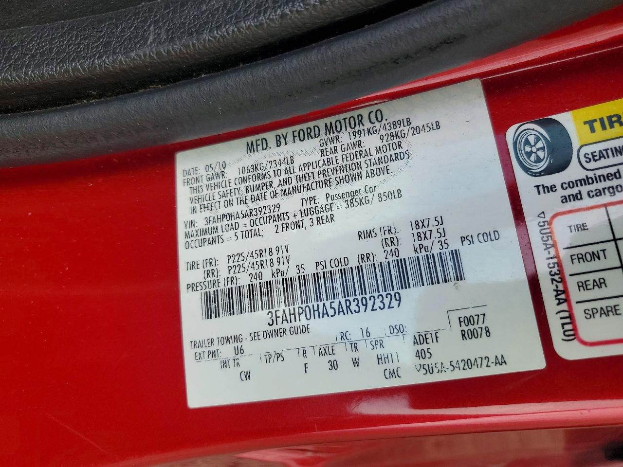 2010 Ford Fusion Se Red vin: 3FAHP0HA5AR392329
