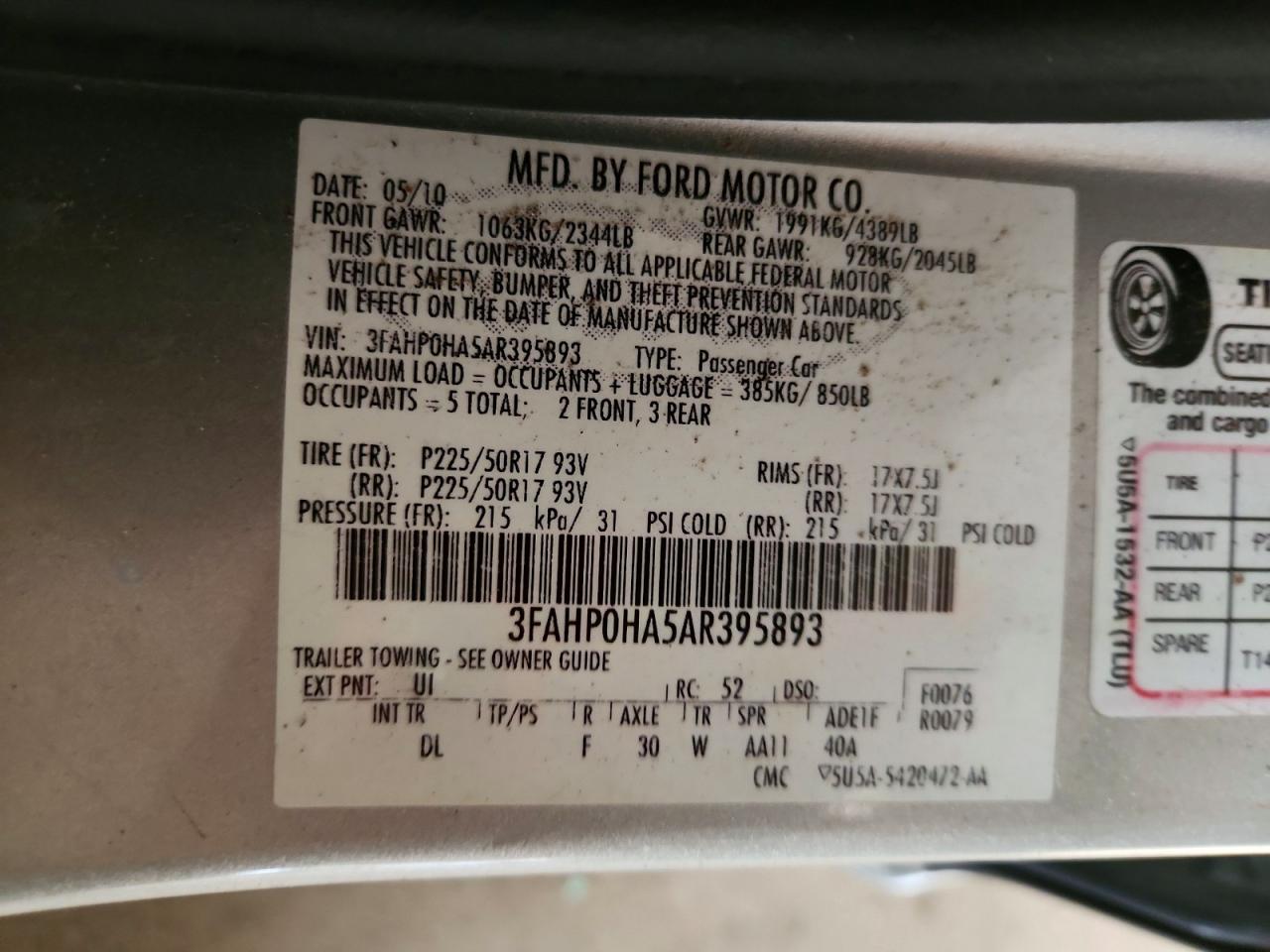 2010 Ford Fusion Se Silver vin: 3FAHP0HA5AR395893