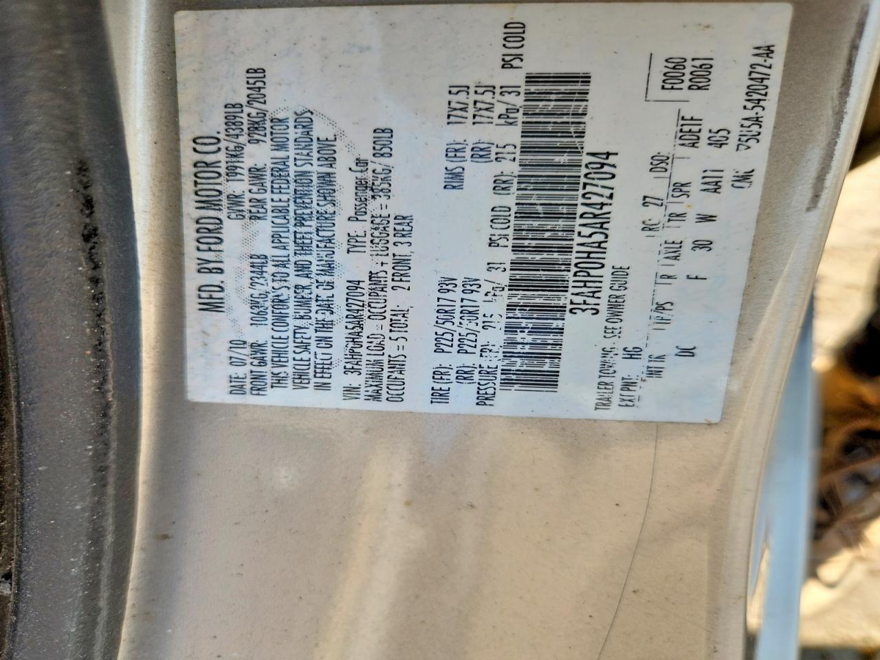2010 Ford Fusion Se Silver vin: 3FAHP0HA5AR427094