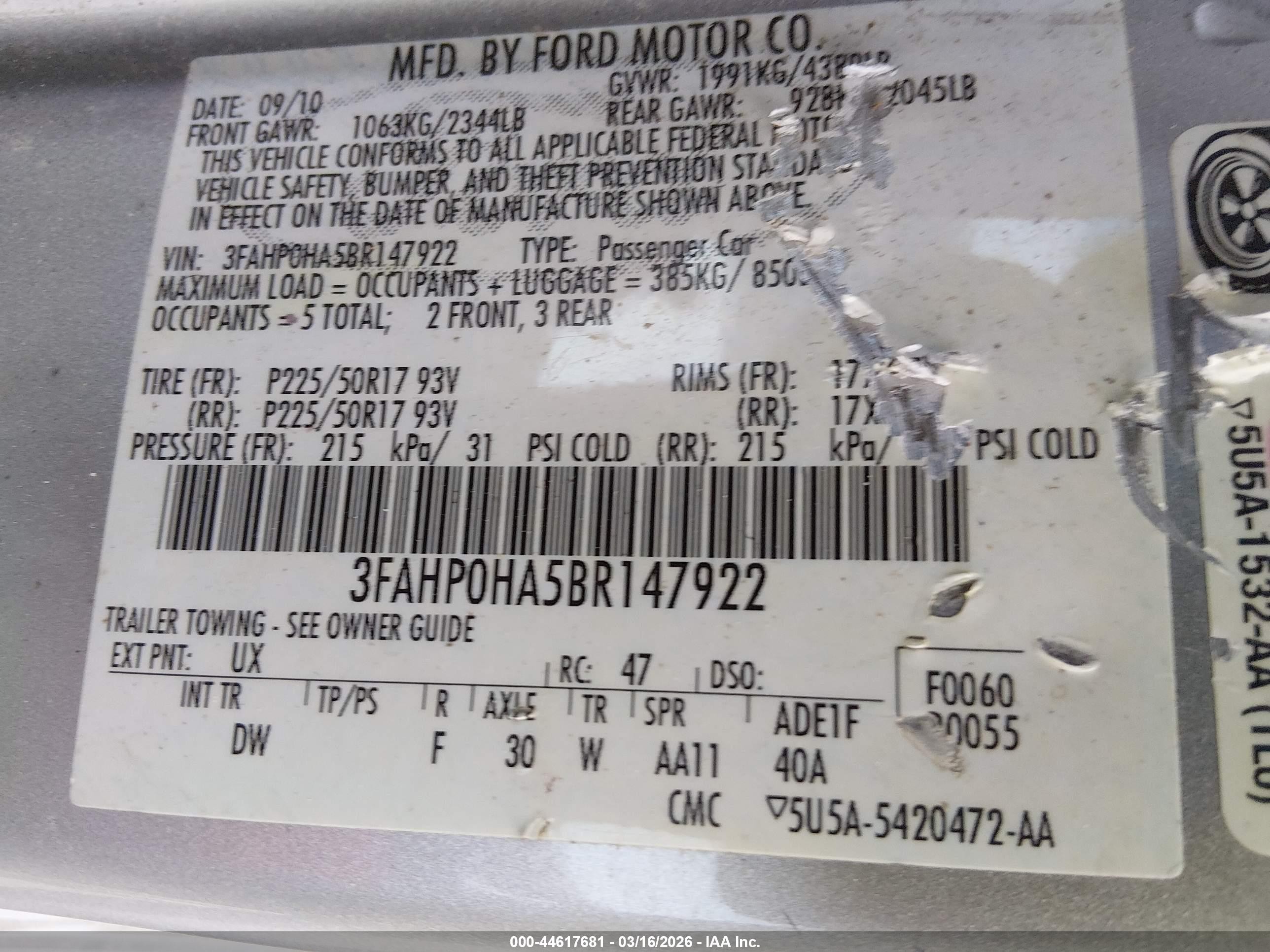 2011 Ford Fusion Se Silver vin: 3FAHP0HA5BR147922