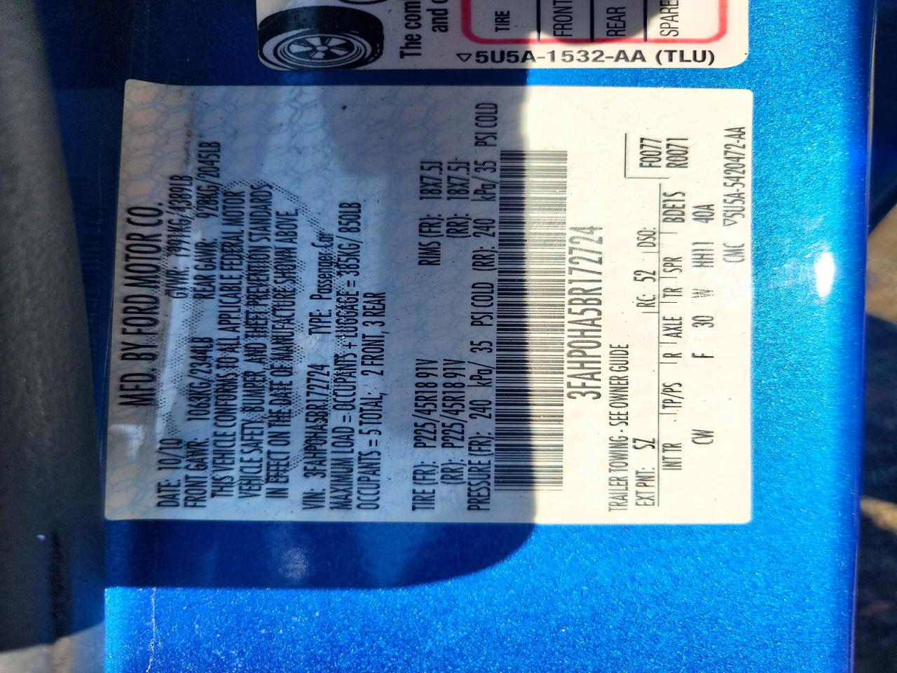 2011 Ford Fusion Se Blue vin: 3FAHP0HA5BR172724