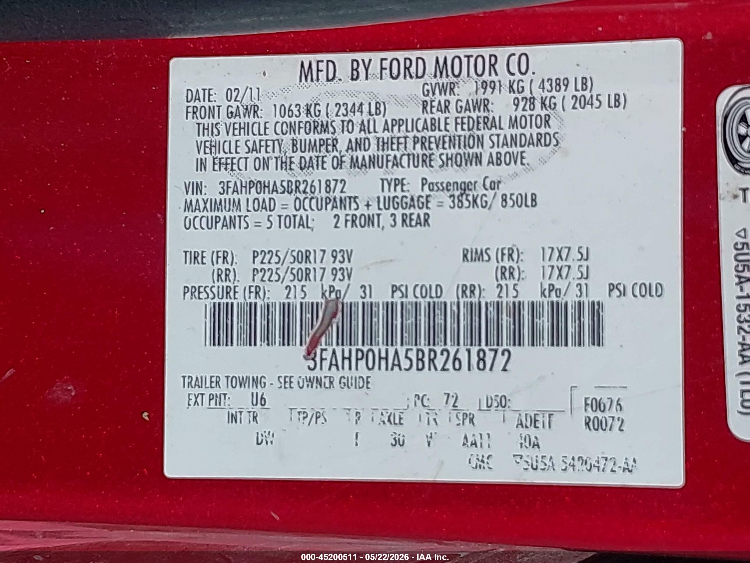 2011 Ford Fusion Se Red vin: 3FAHP0HA5BR261872