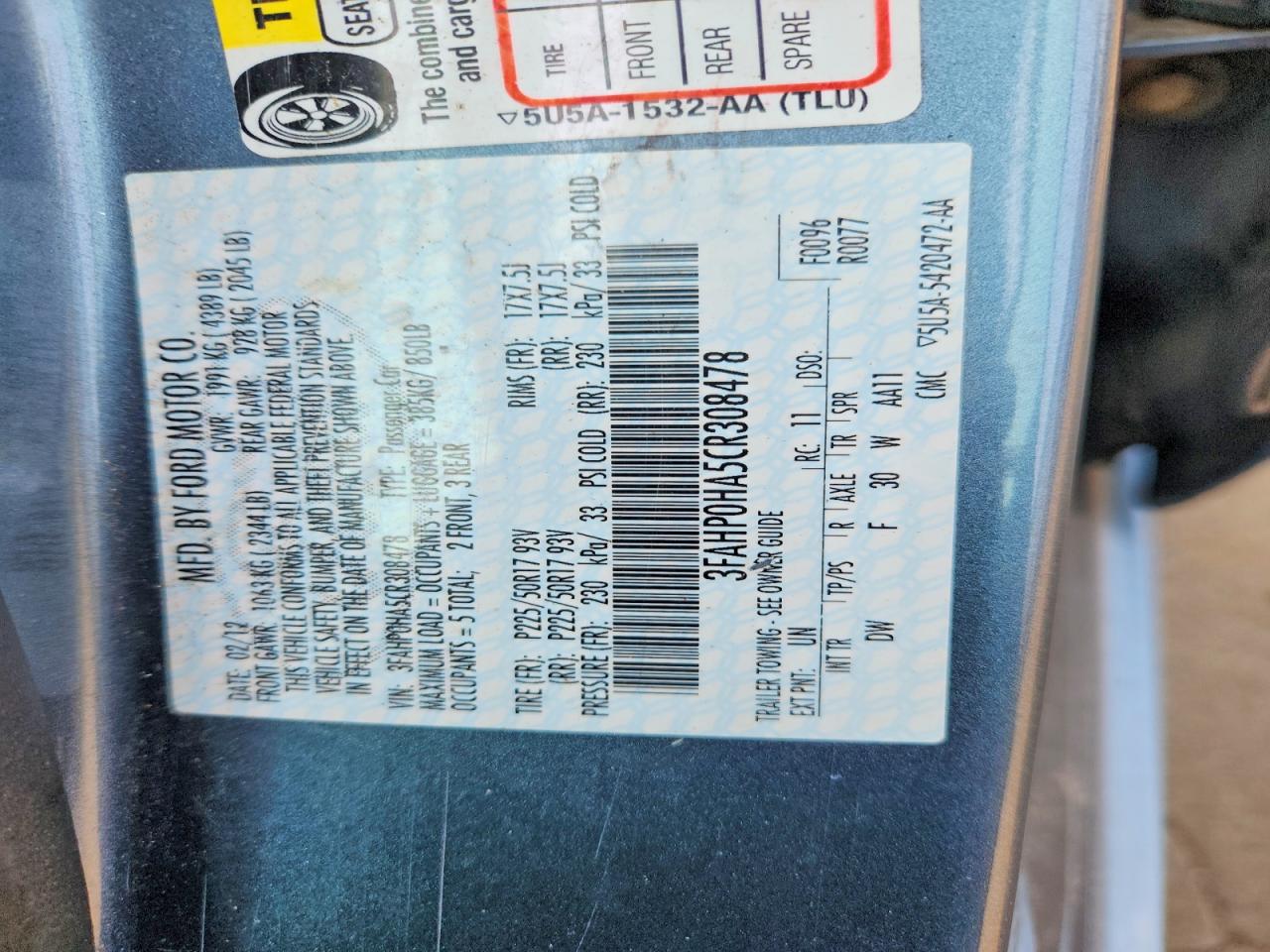 2012 Ford Fusion Se Teal vin: 3FAHP0HA5CR308478