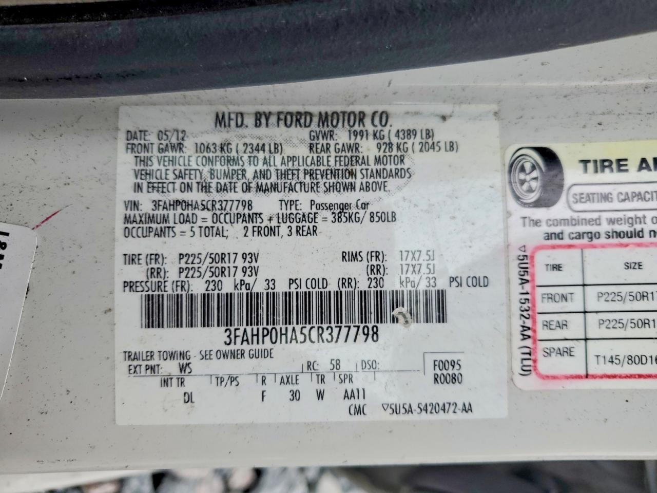 2012 Ford Fusion Se White vin: 3FAHP0HA5CR377798