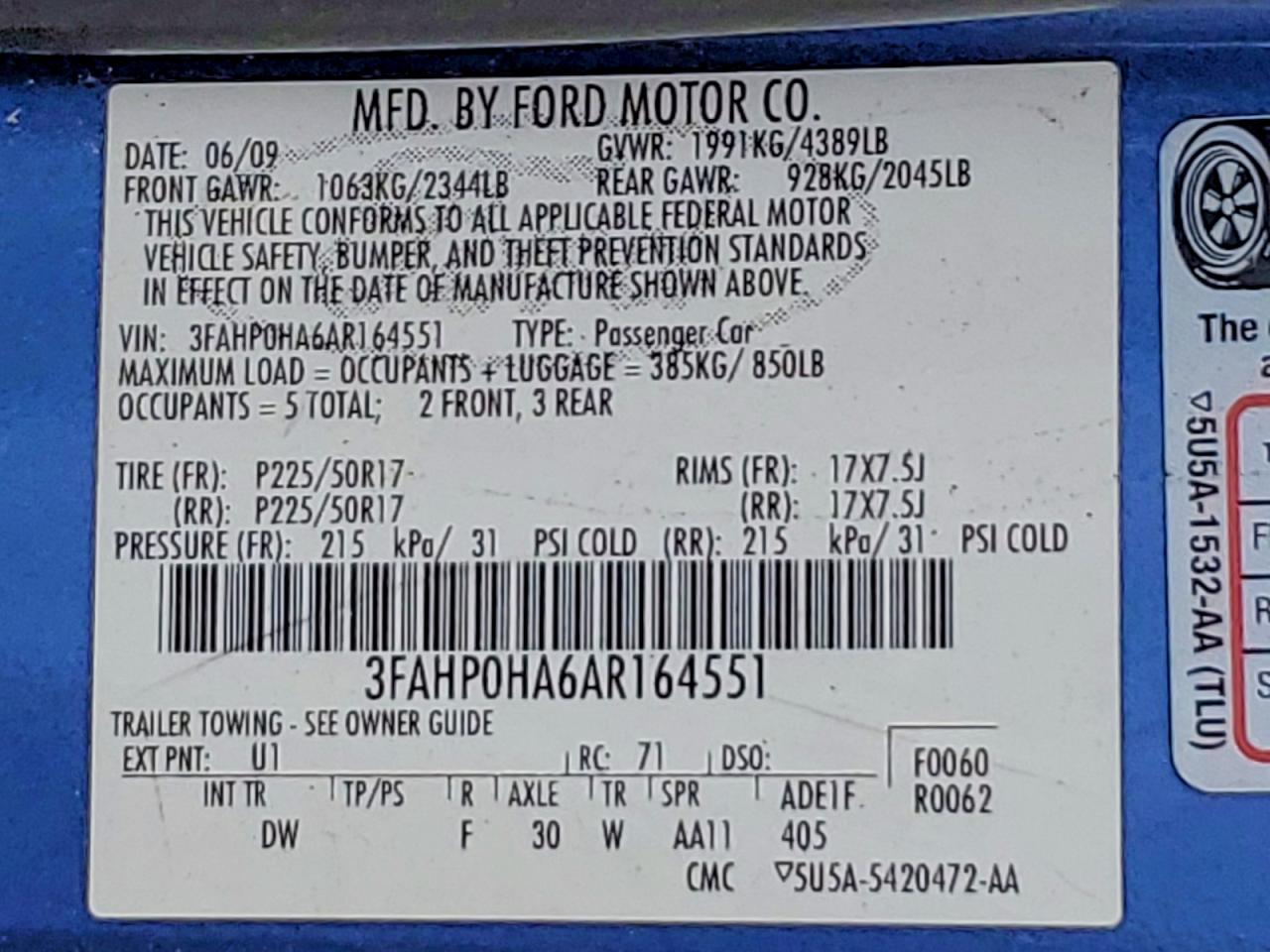 2010 Ford Fusion Blue vin: 3FAHP0HA6AR164551