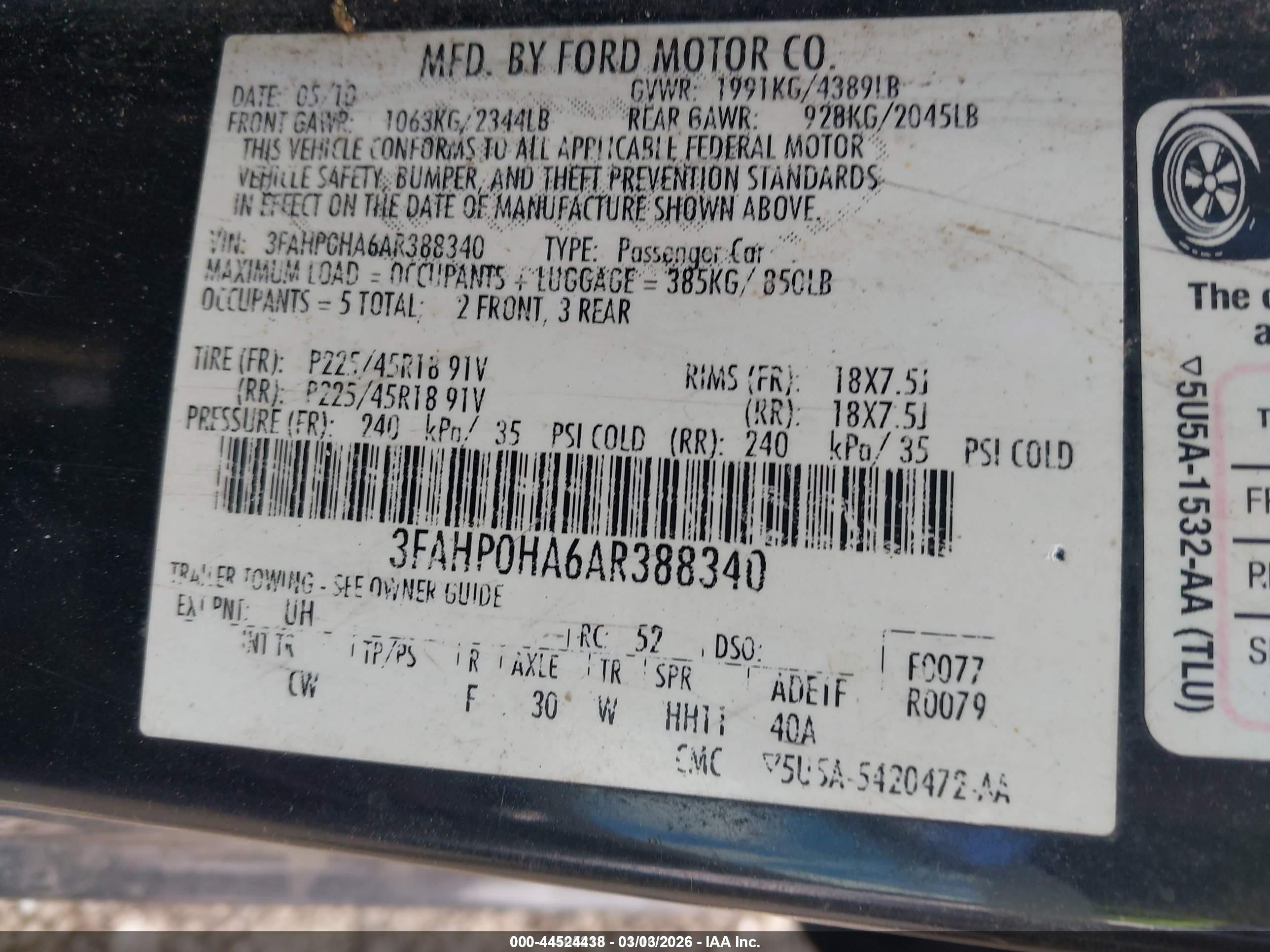 2010 Ford Fusion Se Black vin: 3FAHP0HA6AR388340