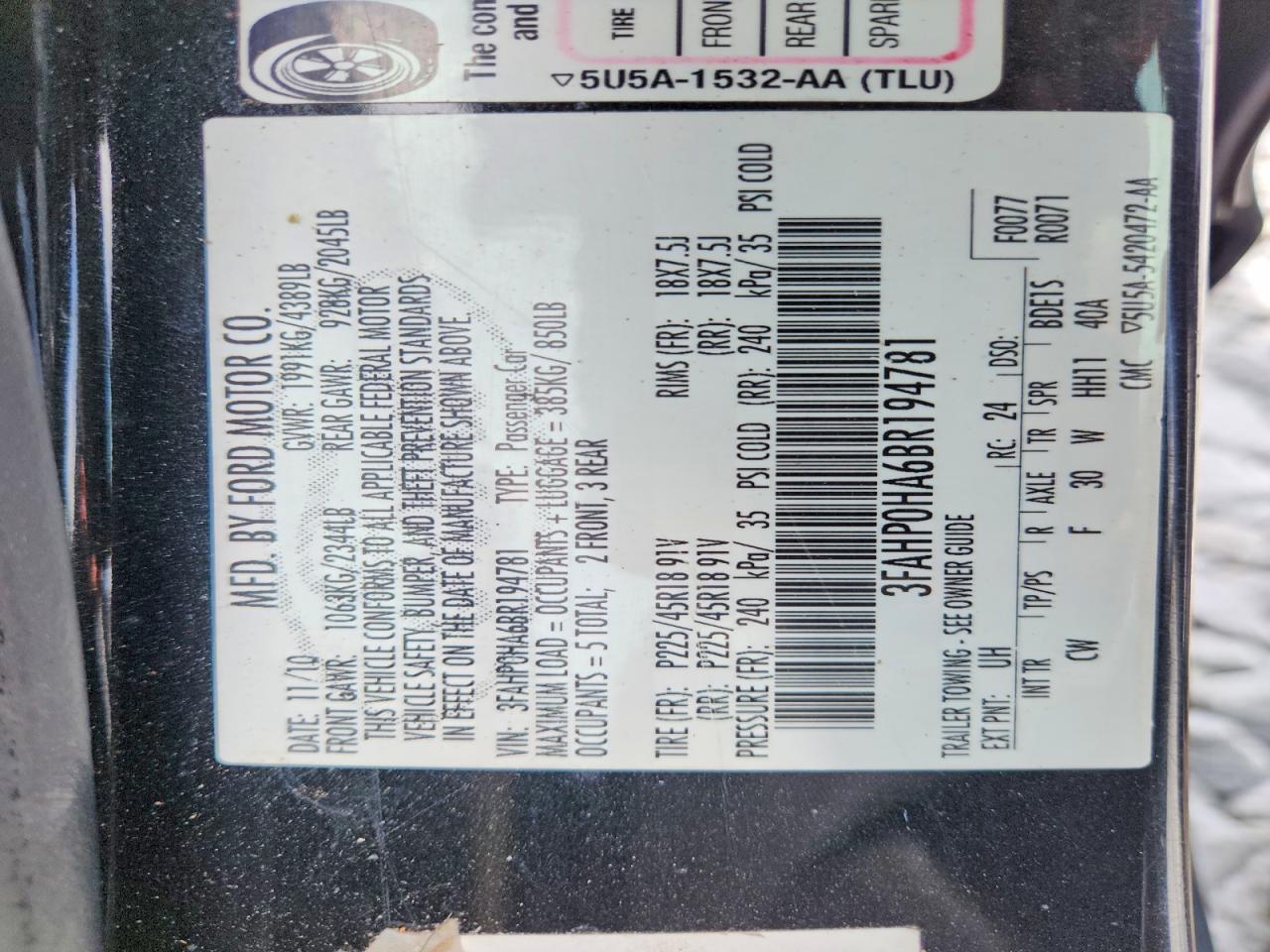 2011 Ford Fusion Se Black vin: 3FAHP0HA6BR194781