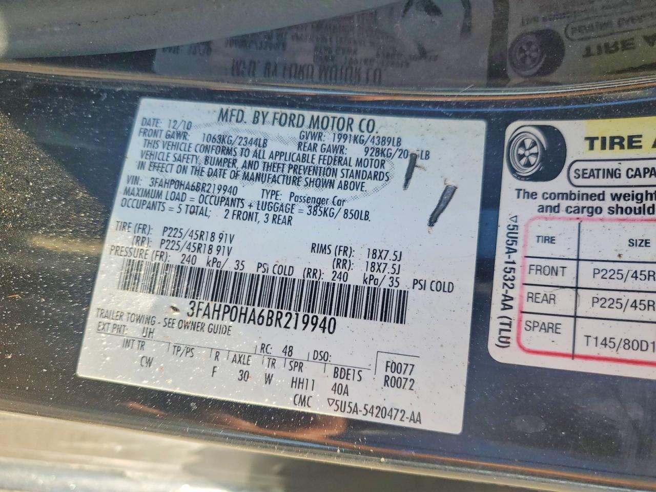 2011 Ford Fusion Se Black vin: 3FAHP0HA6BR219940