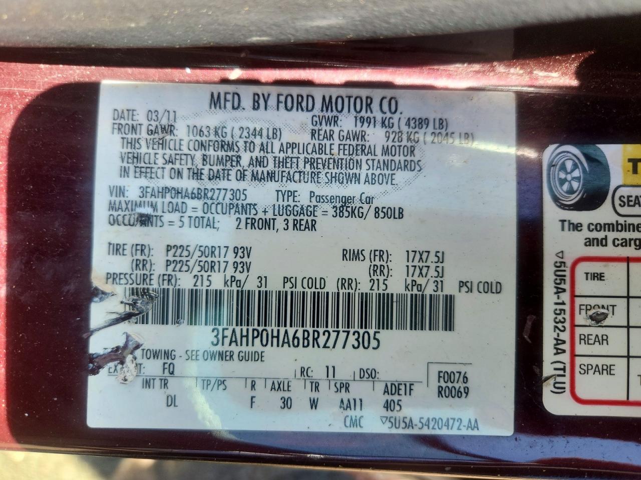 2011 Ford Fusion Se Red vin: 3FAHP0HA6BR277305