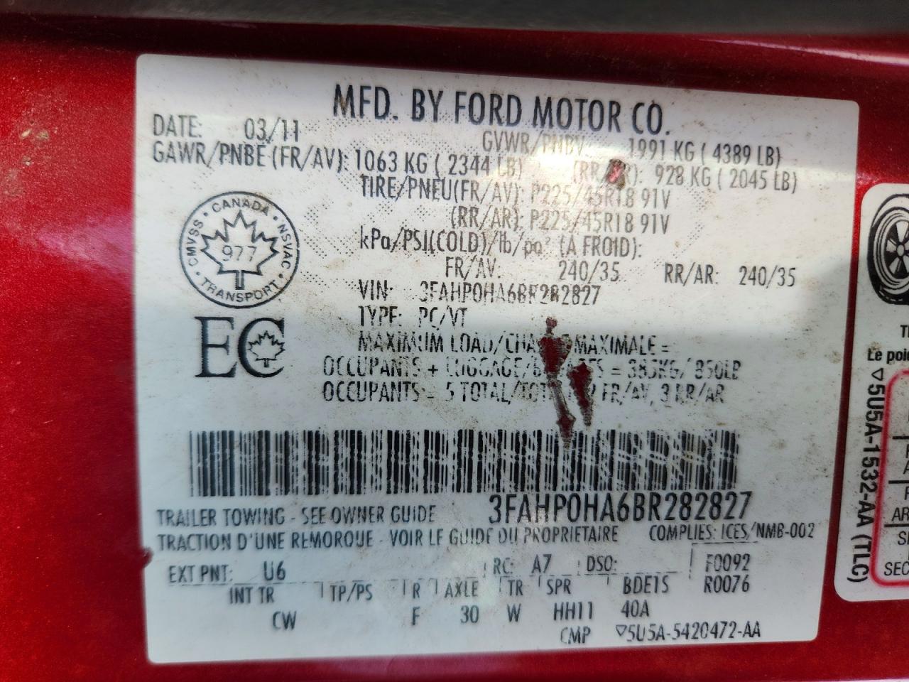 2011 Ford Fusion Se Red vin: 3FAHP0HA6BR282827