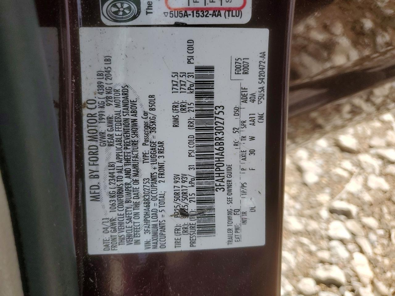 2011 Ford Fusion Se Burgundy vin: 3FAHP0HA6BR302753