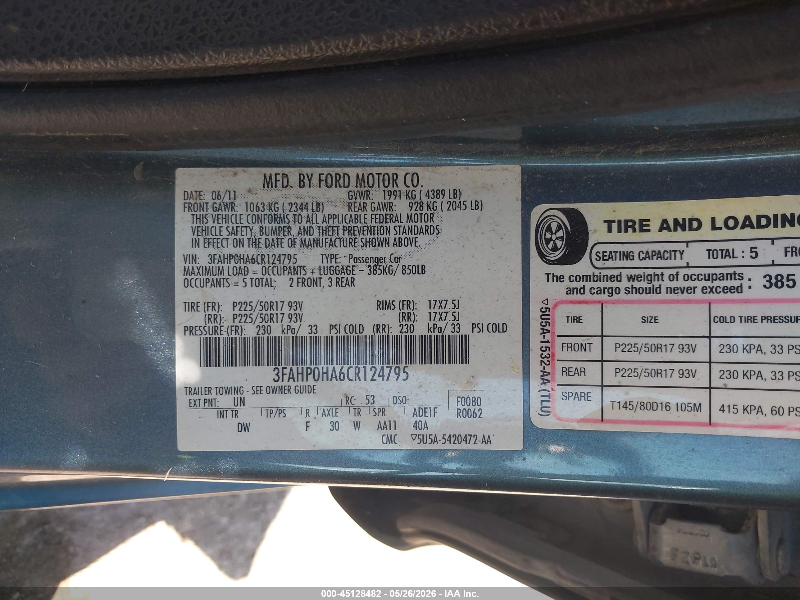 2012 Ford Fusion Se Teal vin: 3FAHP0HA6CR124795