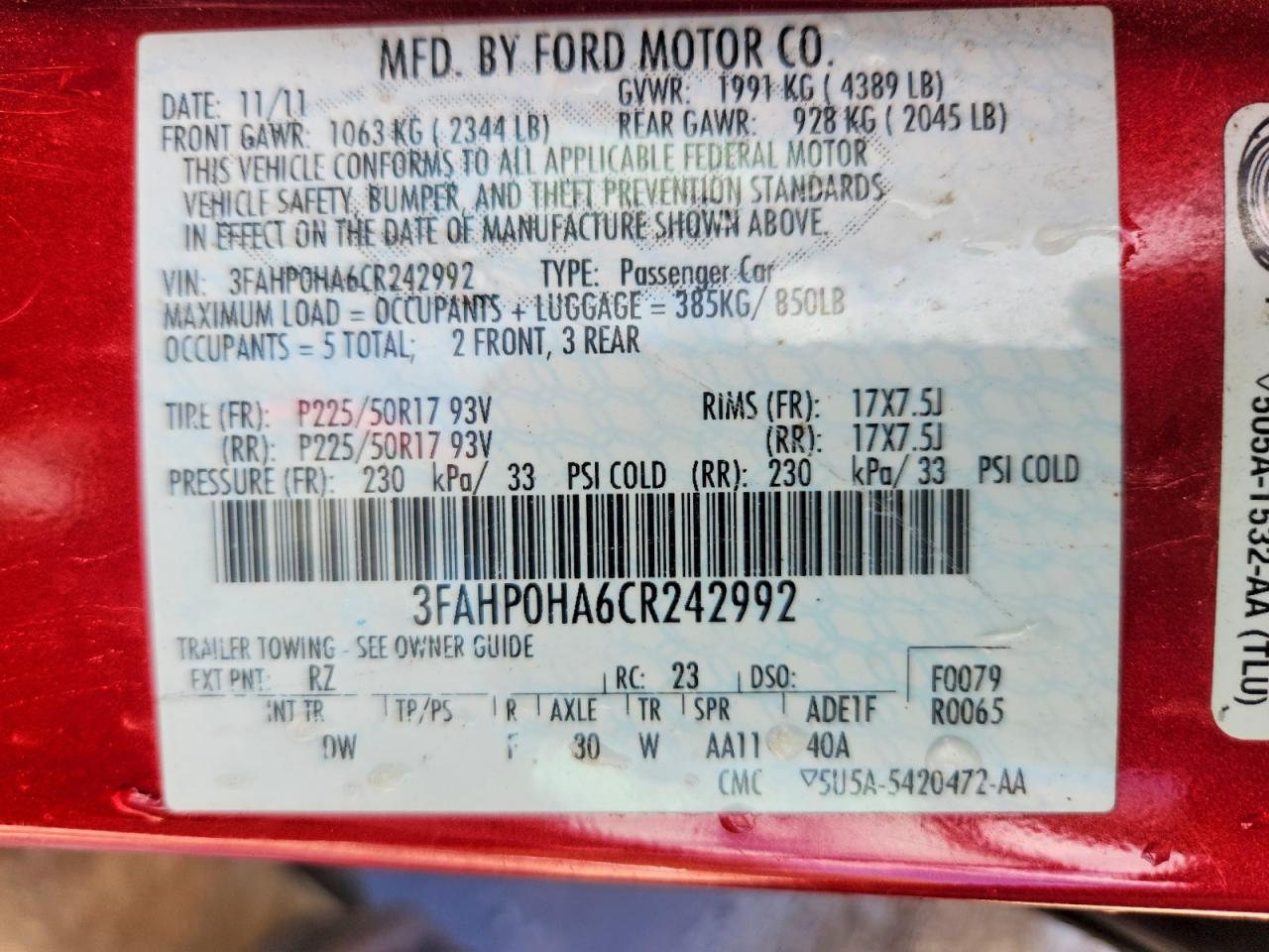 2012 Ford Fusion Se Red vin: 3FAHP0HA6CR242992