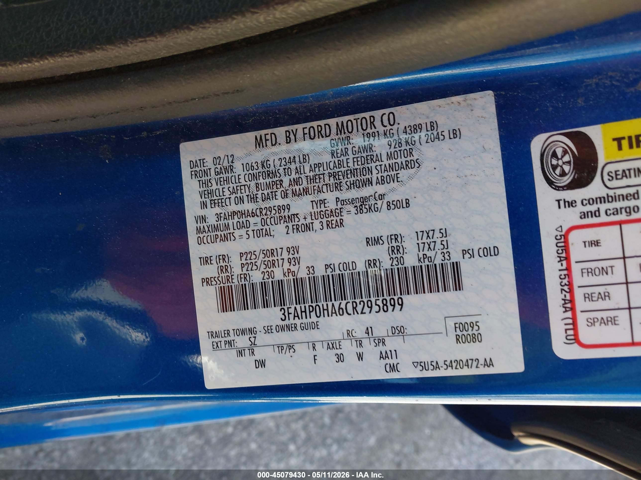 2012 Ford Fusion Se Blue vin: 3FAHP0HA6CR295899