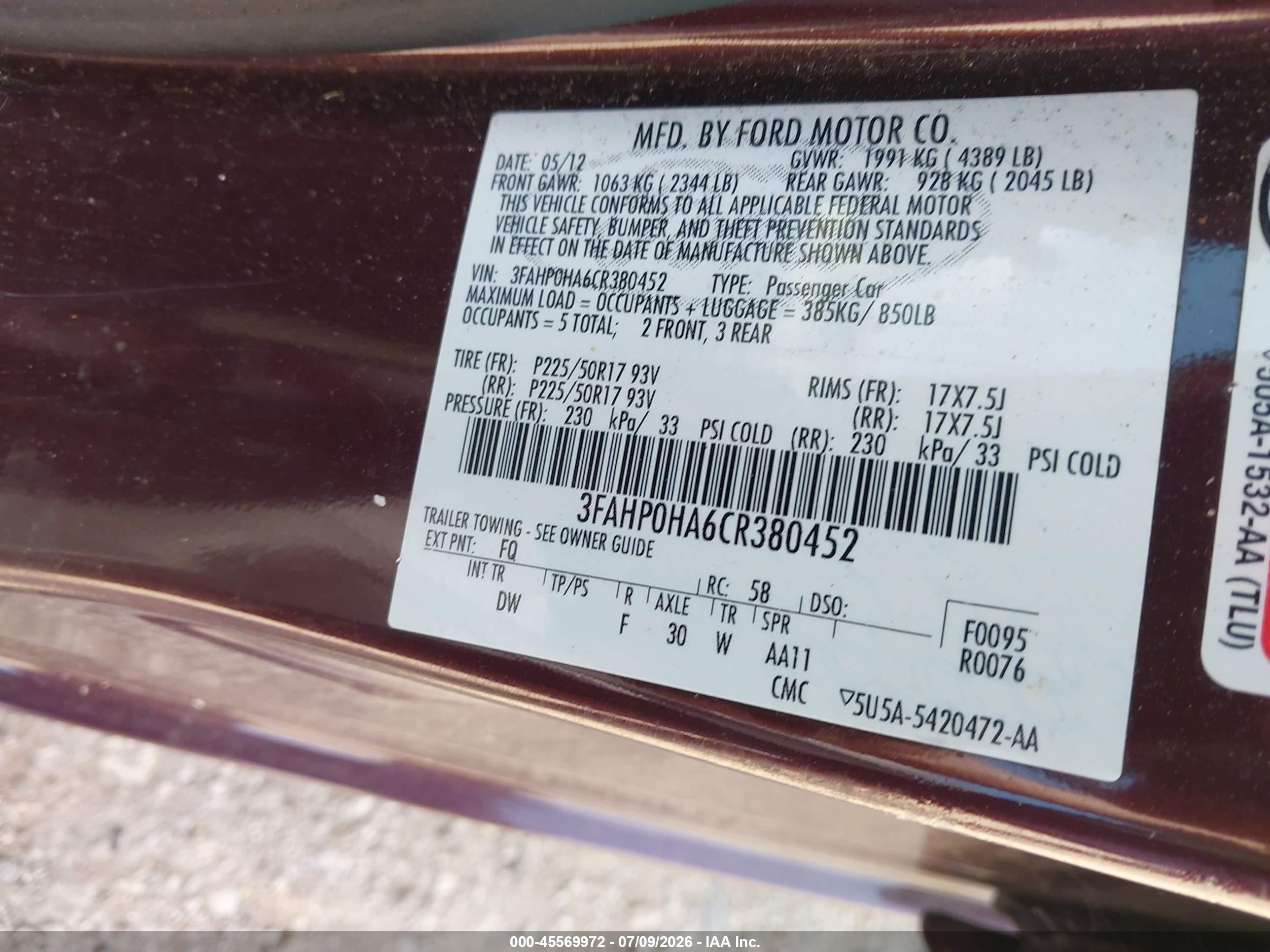 2012 Ford Fusion Se Purple vin: 3FAHP0HA6CR380452