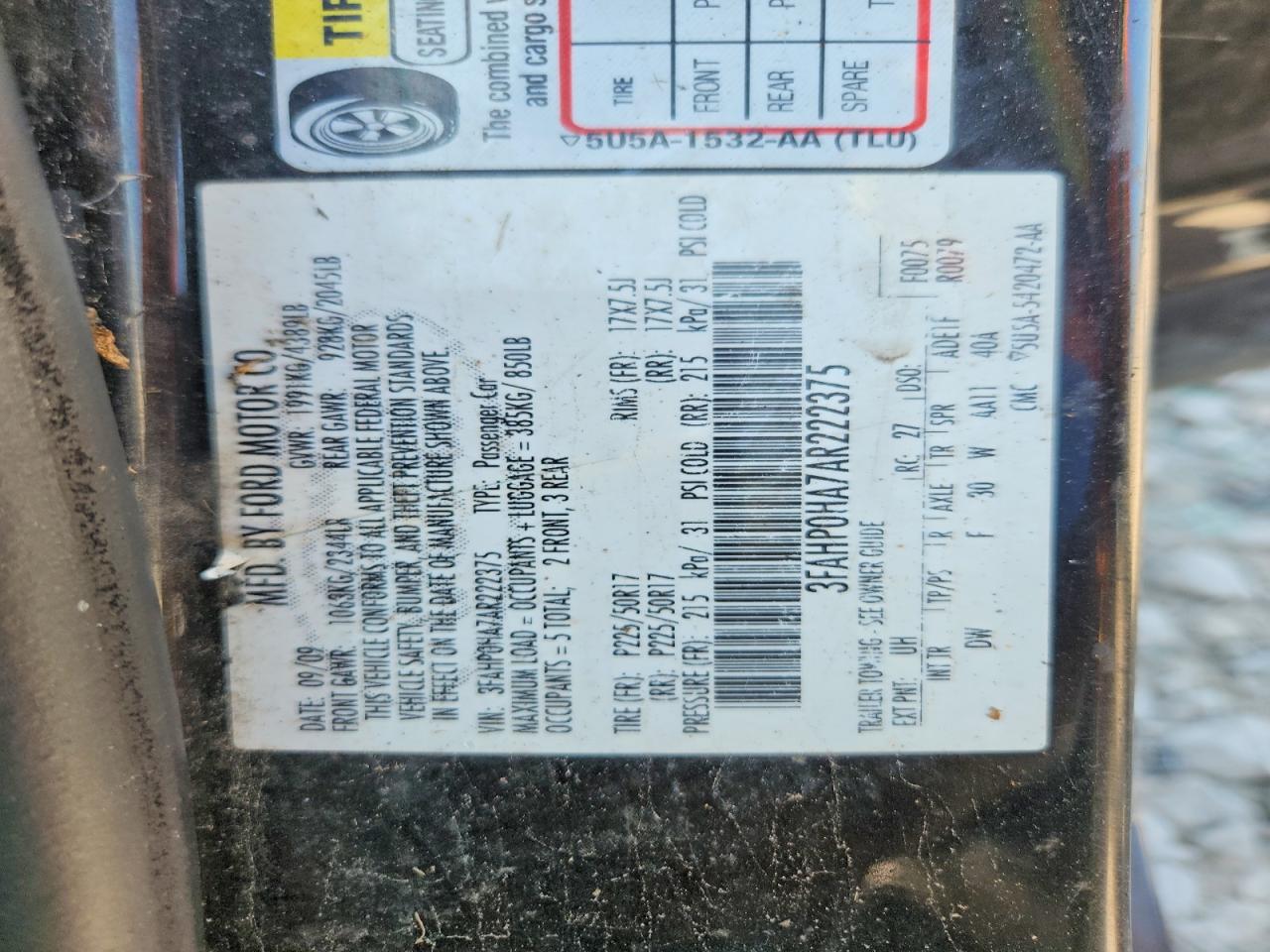 2010 Ford Fusion Se Black vin: 3FAHP0HA7AR222375