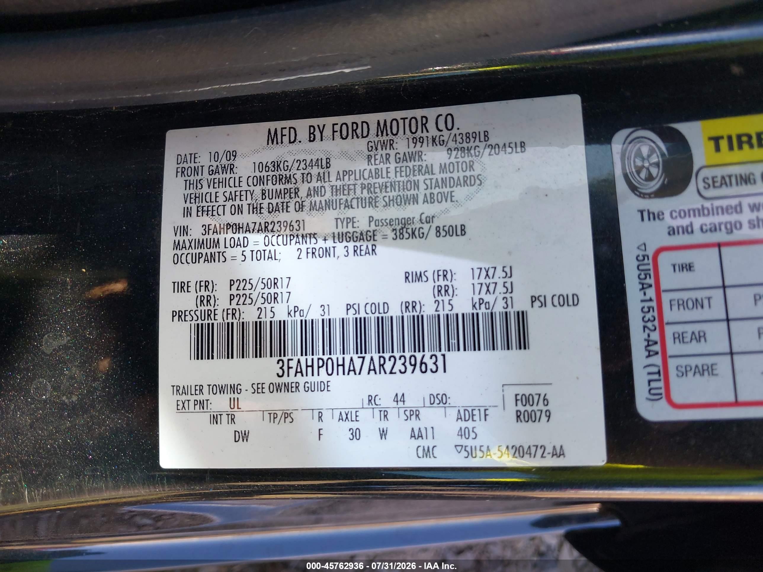 2010 Ford Fusion Se Green vin: 3FAHP0HA7AR239631