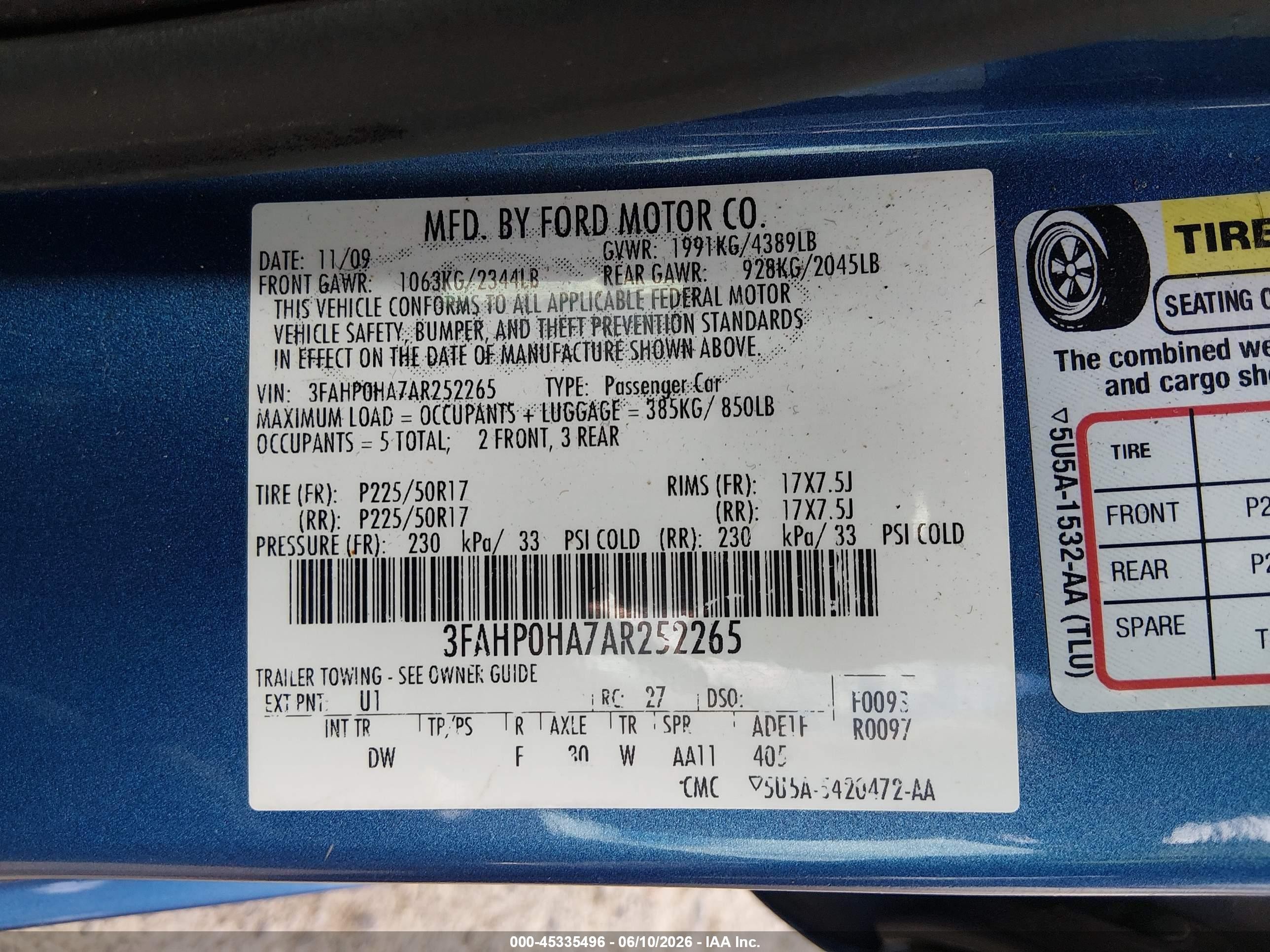 2010 Ford Fusion Se Blue vin: 3FAHP0HA7AR252265