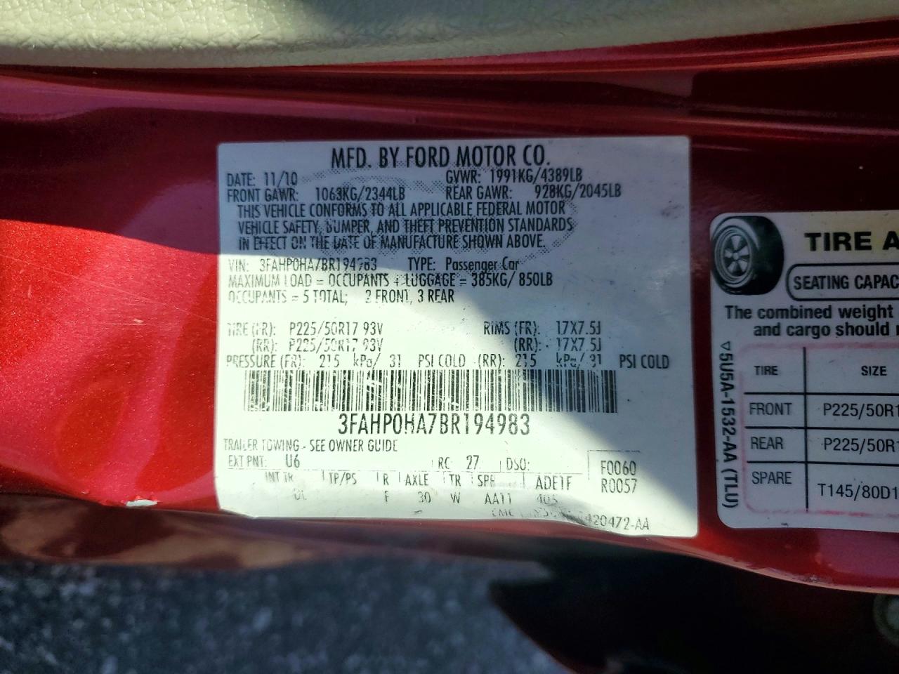2011 Ford Fusion Sel Burgundy vin: 3FAHP0HA7BR194983